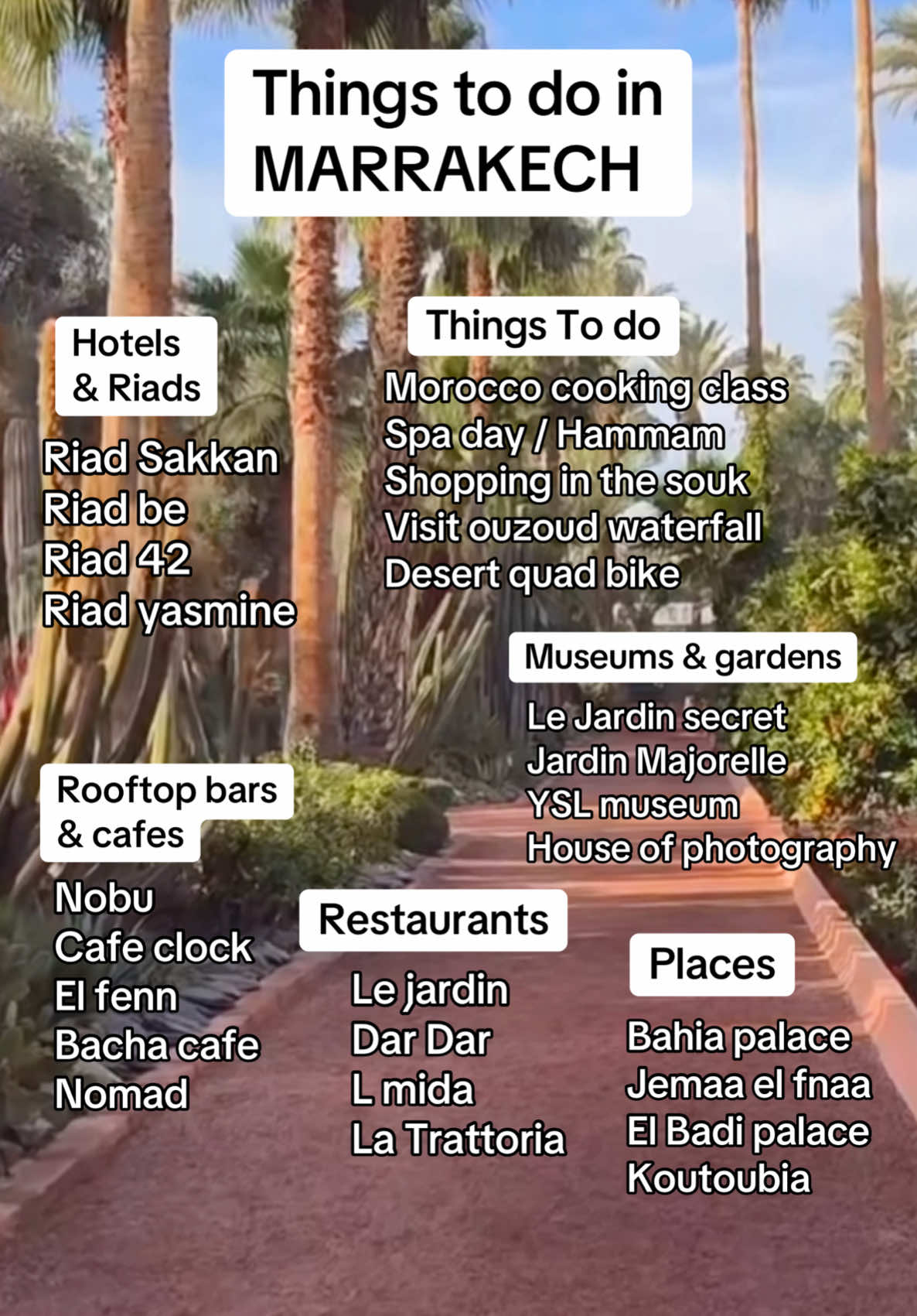 30+ things to do in Marrakech🇲🇦📍 Save this for your travels to Marrakech.  #fyp #marrakech #foryoupage #traveltiktok #holiday #luxurytravelstyle #thingstodoinmarrakech #5starhotels #morocco  