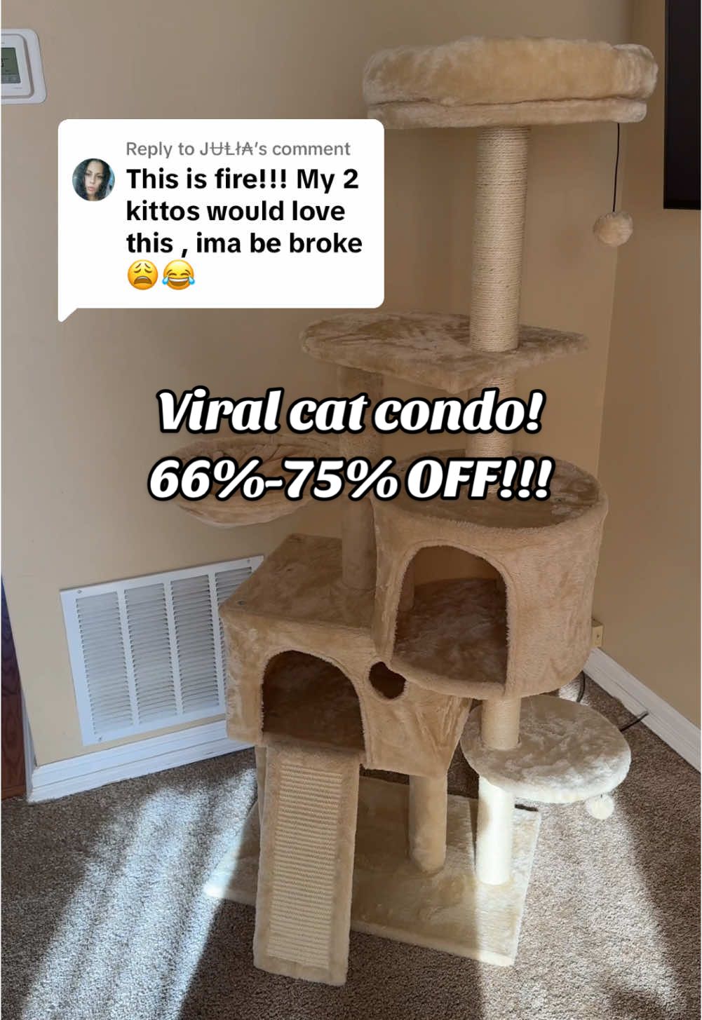 Replying to @JɄⱠł₳ Yes girl! Its a must have for our cat babies! Mine LOVE IT! And this price though??? #catcondos #catscratch #catsoftiktok #catlover #catparents #catmusthaves #cattrree #tiktokshoppicks 