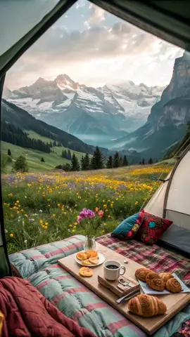 📤 Send this to a friend who’d love to be here.. 🏕️ #SwissAlps #CampingLife #TentViews #NatureLovers #TravelGoals #AlpineEscape #MountainDreams #WildLife #PeacefulTrip #Camping 