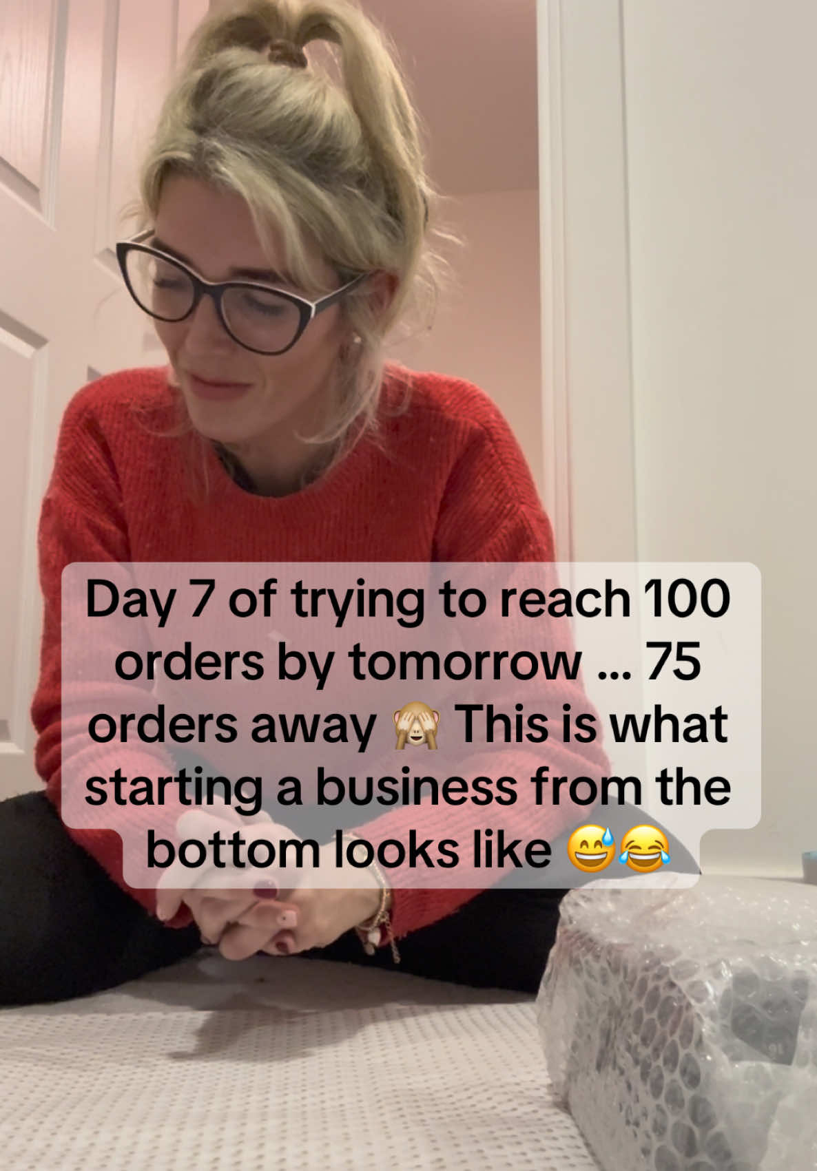 Day 7 of trying to reach 100 orders by tomorrow … 75 orders away 🙈 This is what starting a business from the bottom looks like 😅😂 #mystory #myjourney #smallbusinessowner #helpmebeseen #fyp #shopsmall #viraltiktokvideo 