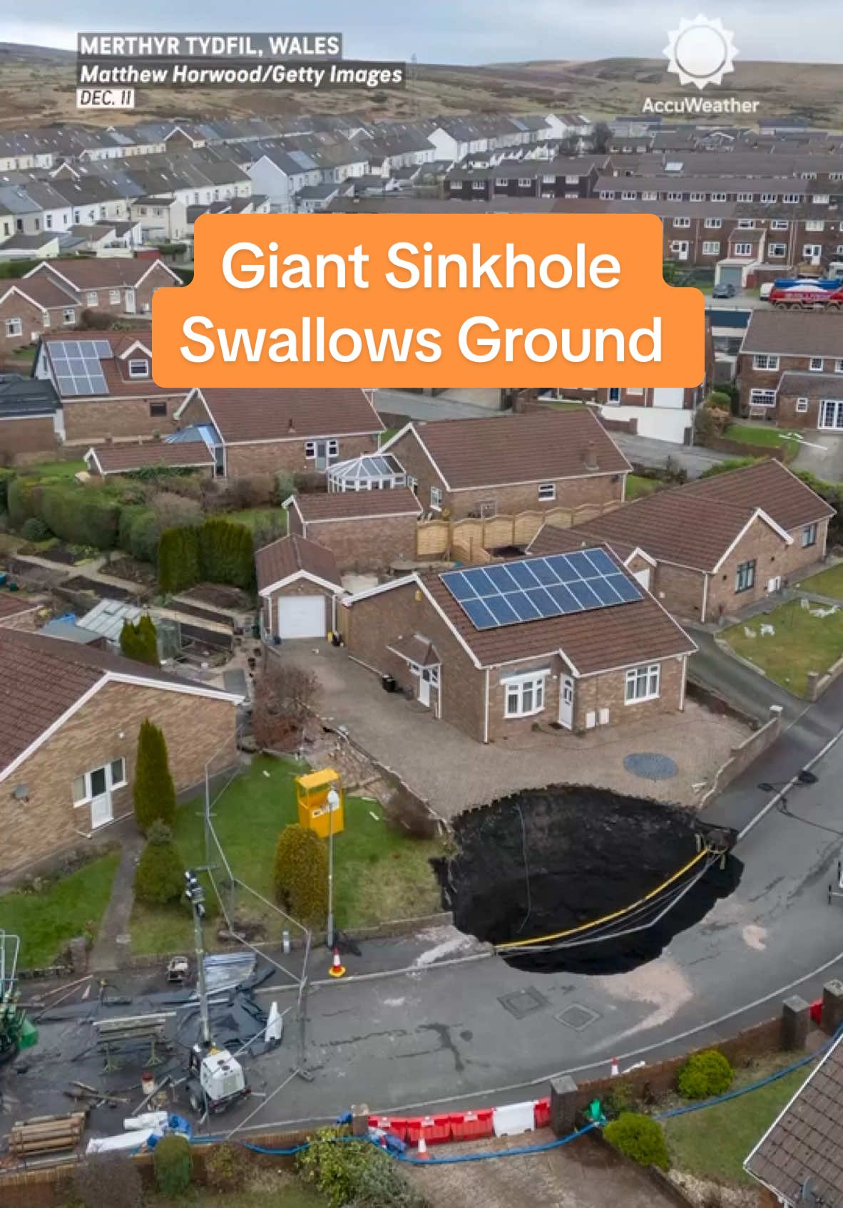 Sinkhole Shocker 🕳️😯: Residents in Pant, Wales, were forced to evacuate after a giant sinkhole formed due to heavy rain from Storm Bert. #pant #Wales #sinkhole #news #nature #storm #bert #weather #fyp #accuweather 