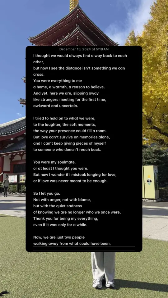 I thought we would always find a way back to each other, but now I see the distance isn’t something we can cross. You were everything to me a home, a warmth, a reason to believe. And yet, here we are, slipping away like strangers meeting for the first time, awkward and uncertain. I tried to hold on to what we were, to the laughter, the soft moments, the way your presence could fill a room. But love can’t survive on memories alone, and I can’t keep giving pieces of myself to someone who doesn’t reach back. You were my soulmate, or at least I thought you were. But now I wonder if I mistook longing for love, or if love was never meant to be enough. So I let you go. Not with anger, not with blame, but with the quiet sadness of knowing we are no longer who we once were. Thank you for being my everything, even if it was only for a while. Now, we are just two people walking away from what could have been.