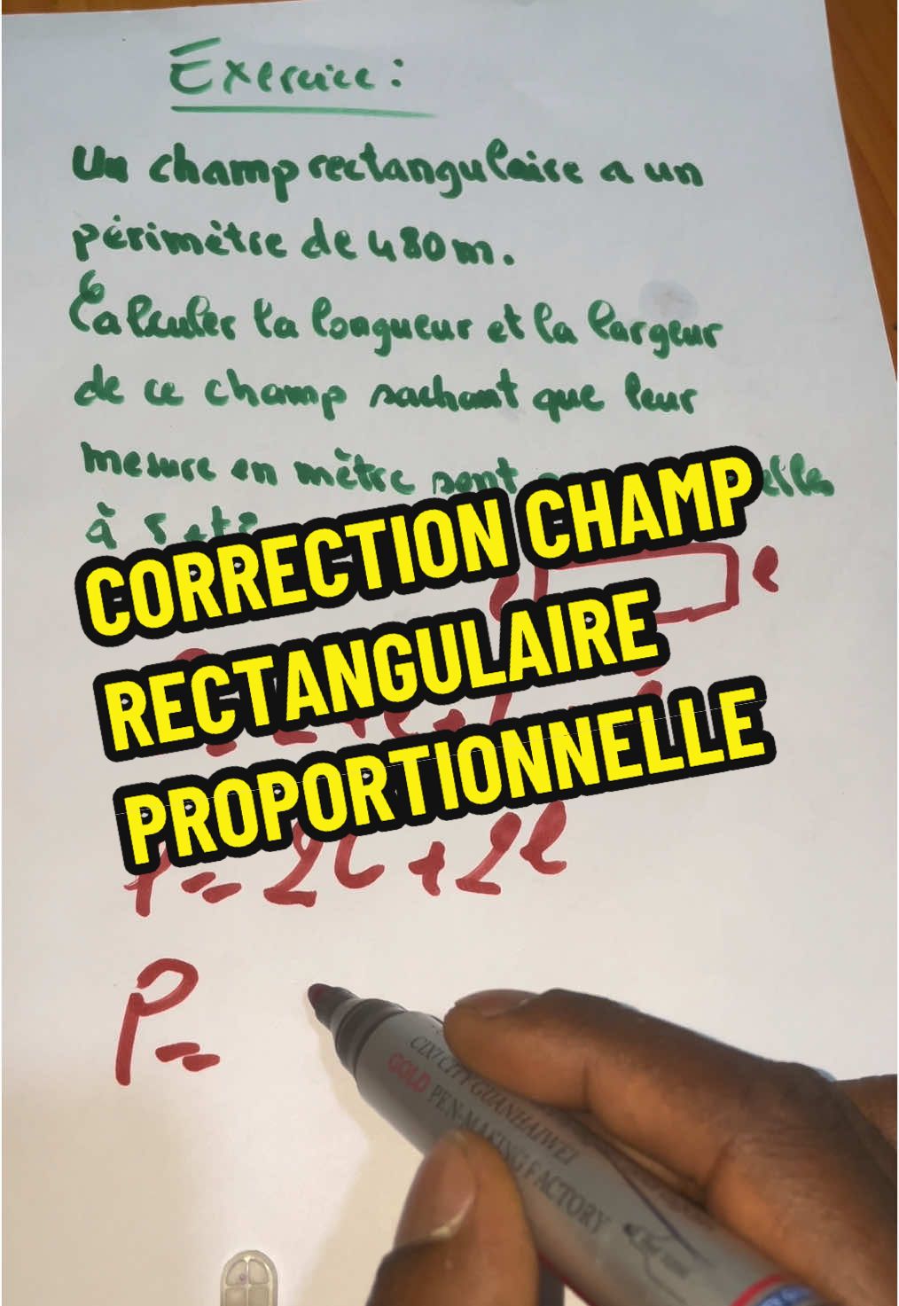 CORRECTION CHAMP RECTANGULAIRE  Un champ rectangulaire a un périmètre de 480 m. Calcule la longueur et la largeur de ce champ, sachant que leurs mesures en mètres sont proportionnelles à 5 et 3. #champ  #rectangulaire #rectangle 