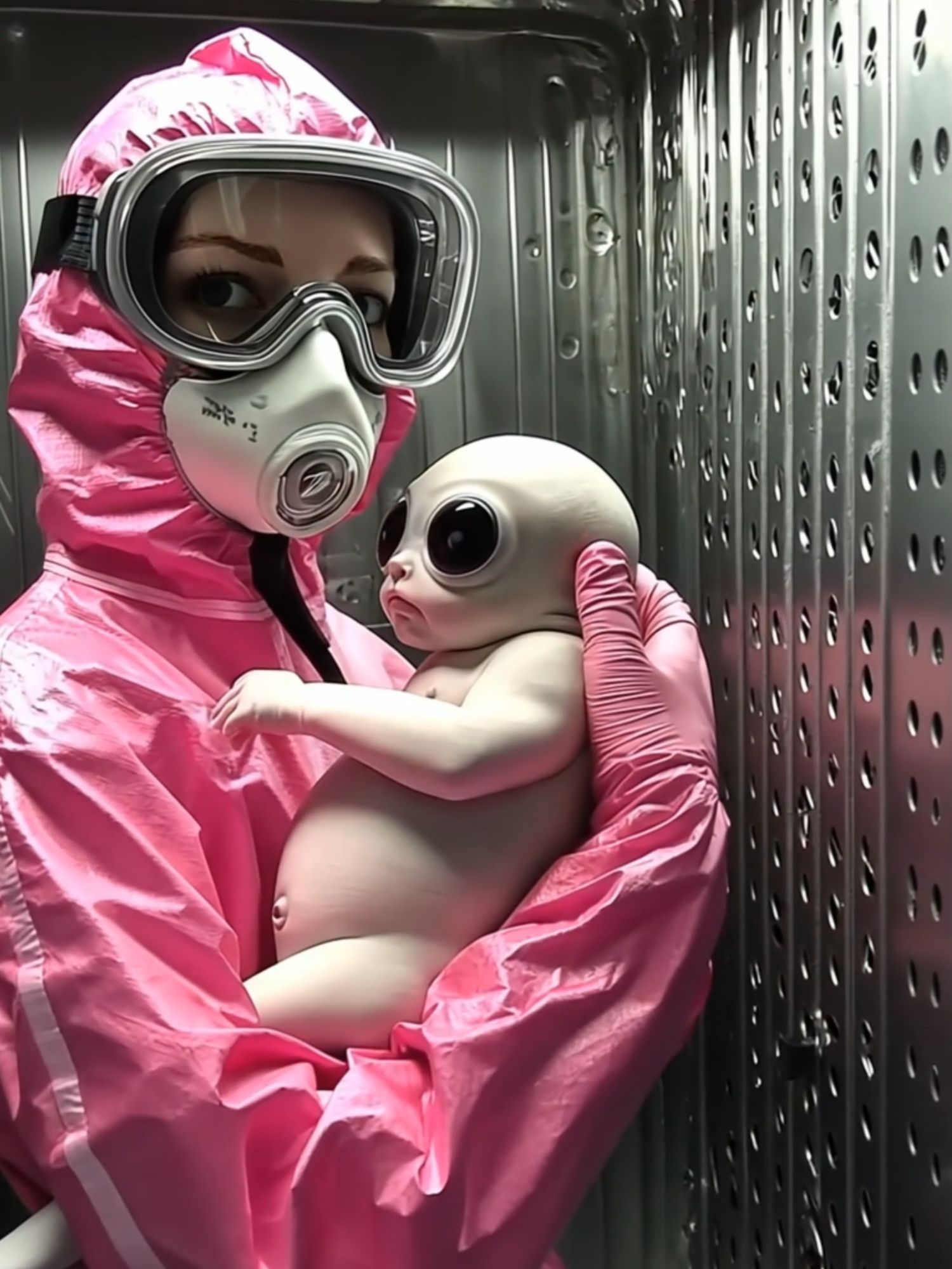 Alien Nursery: A Peek Inside the Secret Lab 👶🛸 #area51 #alienbaby  Welcome to the secret lab's nursery, where specialized caregivers look after extraterrestrial newborns. This nursery nurse, dressed in protective gear, cradles a special baby alien with oversized eyes and otherworldly features. Behind closed doors, these unique beings are nurtured and studied. What secrets does this facility hold, and what future awaits these newborns? A glimpse into the bizarre and unexplained. 👽🔬 #nursery #SecretLab