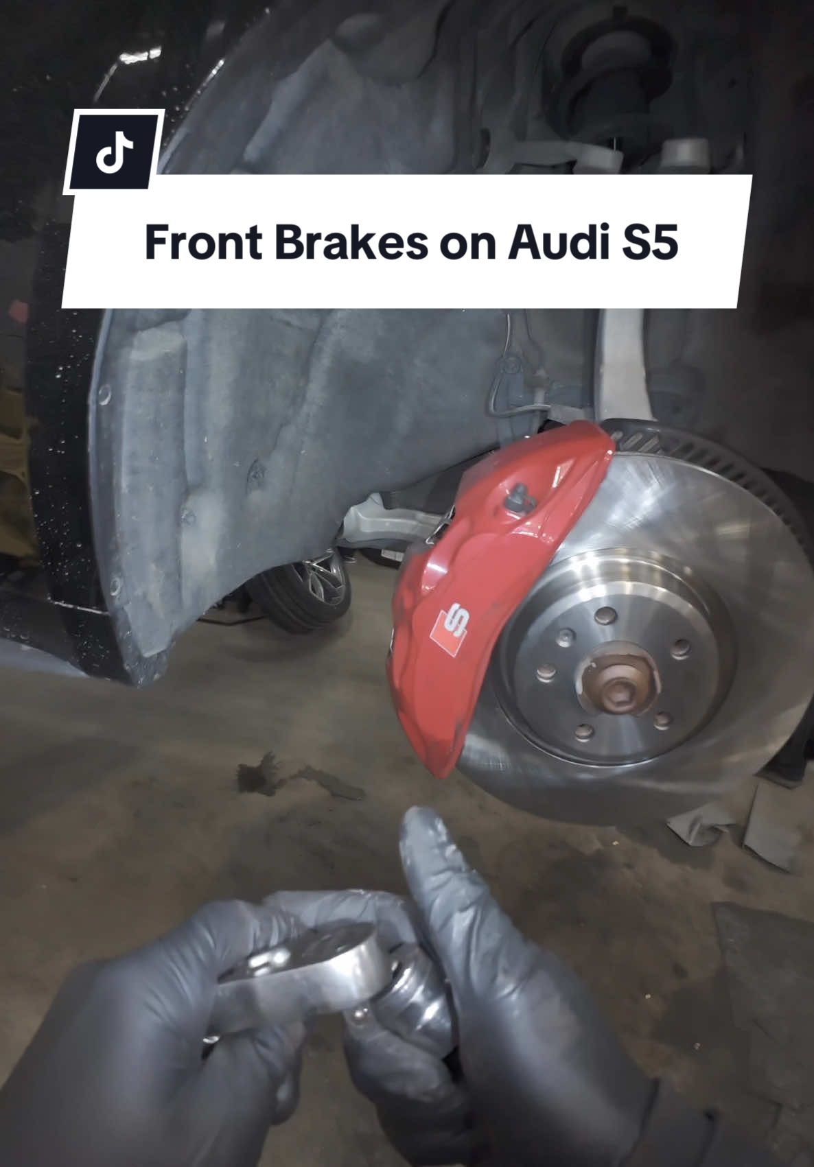 POV of replacing front pads and rotors on an Audi s5. #mechanic #mechanicsoftiktok #tech #fyp #snapon #matcotools #cars #automotive #automotivetechnician #pov #audi #s5 #brakes #brakejob #pads #rotors