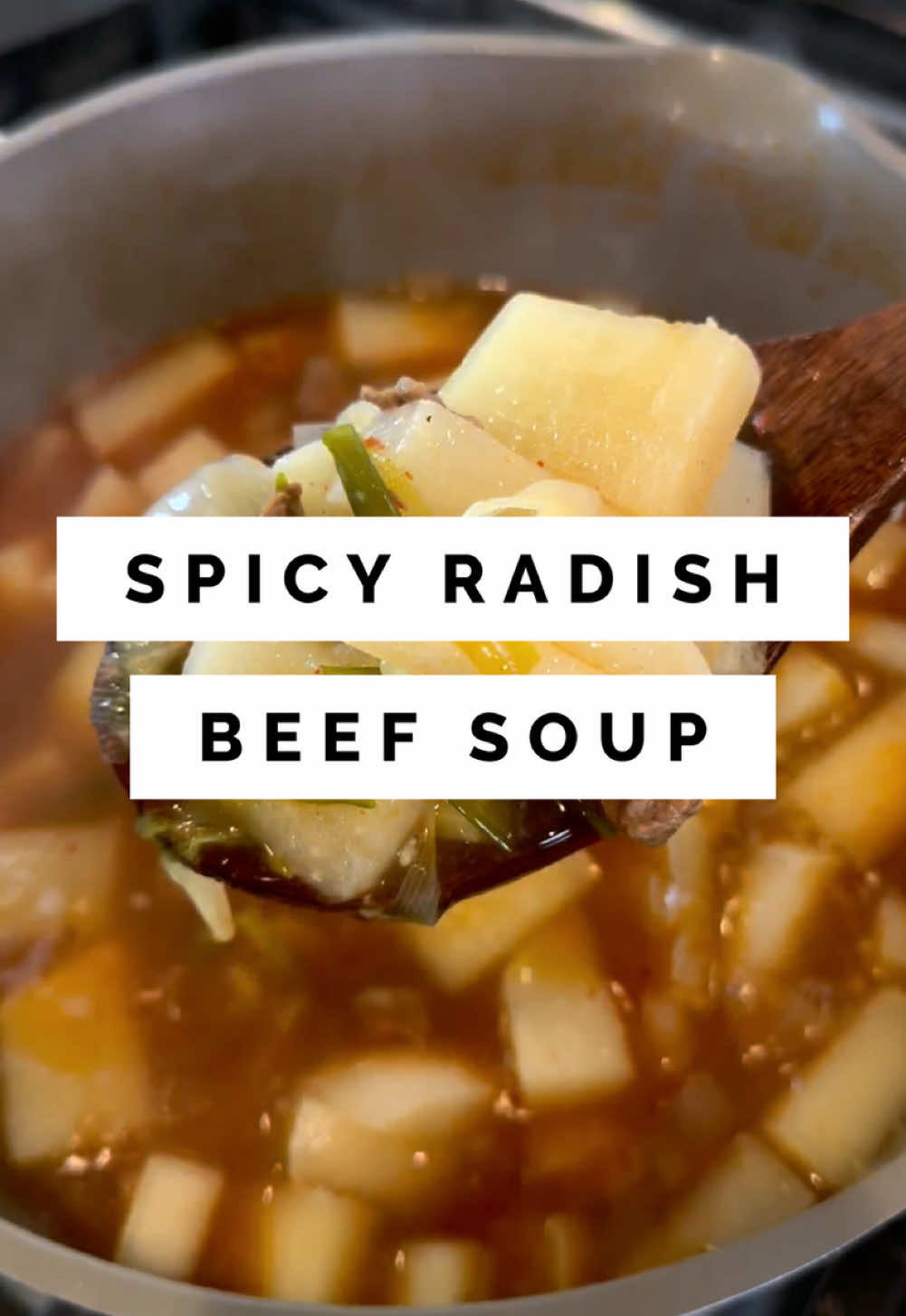 Korean spicy radish beef soup  recipe ⬇️  ~1/2 - 1lb beef brisket, chuck, or loin (cut into bite-sized pieces) 1 large or 2 small Korean radish (alt: can use 1 daikon) 1 spoonful gochugaru or Korean red pepper flakes 1 spoonful minced garlic (~5-6 cloves of garlic) 1/2 an onion 1 bunch of green onion (cut into 2” pieces - doesn’t really matter though) 6-7 cups of water (depends how much soup you want) ~1 spoonful of soup soy sauce (can use regular soy sauce) 1 spoonful of fish sauce (Optional. Adds an oomph to flavor) 1/2 tsp dashida or Korean beef seasoning powder (Optional. Adds an oomph to flavor) Salt to taste 1. Season meat with some salt. Place it in the refrigerator. 2. In the meantime, rinse and peel radish(s) 3. Cut into circles, then half moon-shape, and then into bite-sized pieces. Make sure to not cut it too thinly. Otherwise the radish can break while simmering. 4. In a pot, drizzle cooking oil and saute the meat until the pieces turn brown 5. Sprinkle on gochugaru and lightly saute. 6. Add the sliced radishes, onions, and garlic. Mix all the ingredients together. 7. Pour water and add soup soy sauce and/or fish sauce 8. Bring it to the boil and then lower the heat to medium-low and simmer for 20-30 minutes 9. Skim off any floating oil and foam 10. Season it with salt and/or dashida. This can be found at most Asian stores or Amazon 11. Serve with rice! #tiktokpartner #koreanfood #soupseason 