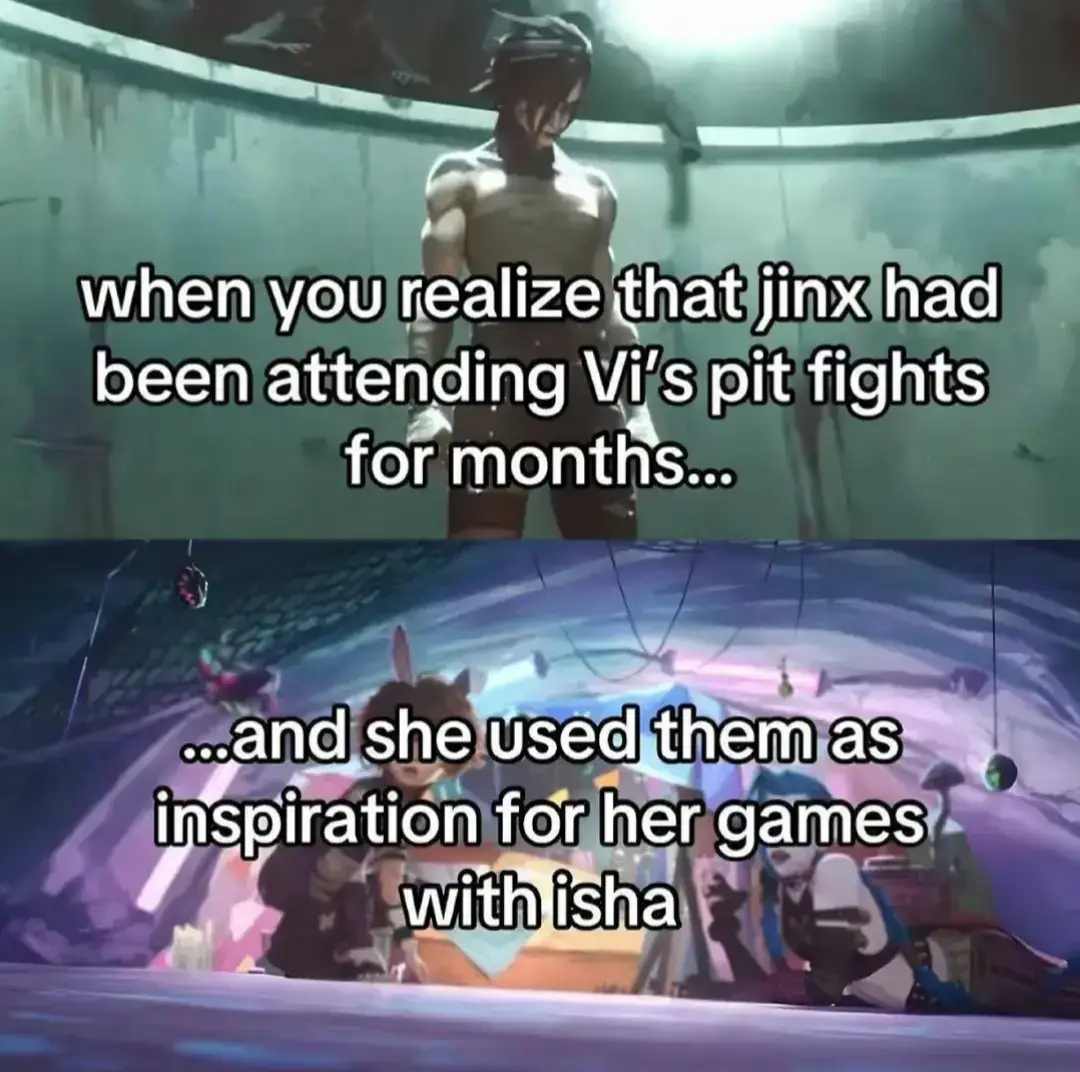 When episode 4 opened I thought Jinx was the host of the pit fights, it was so cute that she was actually just playing a game with Isha. Maybe isha wanted to go see the fights for real but Jinx decided she was too young to see that, so she decided to create her own version to keep isha happy. #arcane #arcaneleagueoflegends #arcanenetflix #arcaneseason2 #jinx #isha #vi #jinxandvi #jinxandisha 