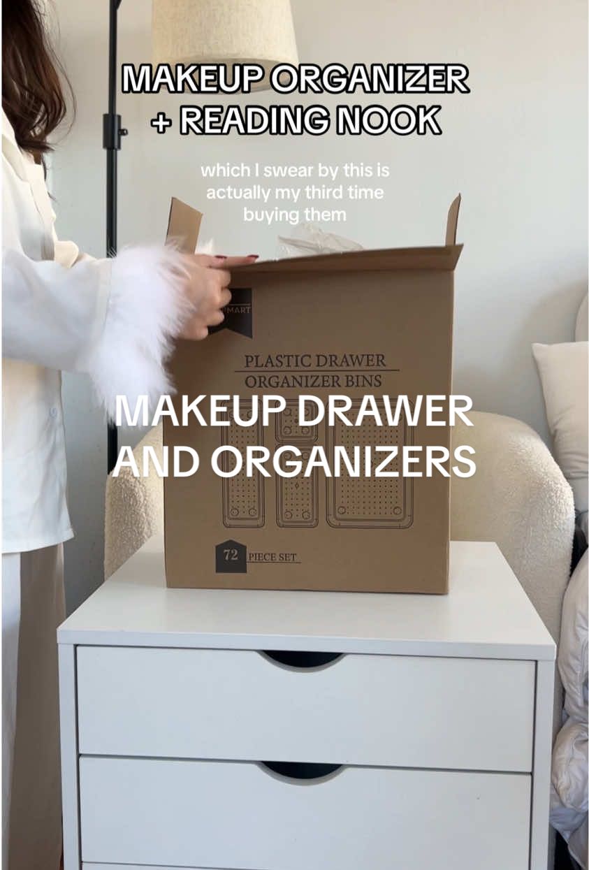 Drawer is currently on sale and free shipping! It holds all of my make up so easy to pull the drawer and see everything  all at once. The plastic organizers are perfectly sized  and they don’t move around the drawer when you add in the sticker bumps !  I got the 72 set with some storage containers left over so it’s definitely more than enough #ma#makeuporganizerr#organizerhomea#makeupdrawera#makeupdresserr#organizewithmea#makeupstorage