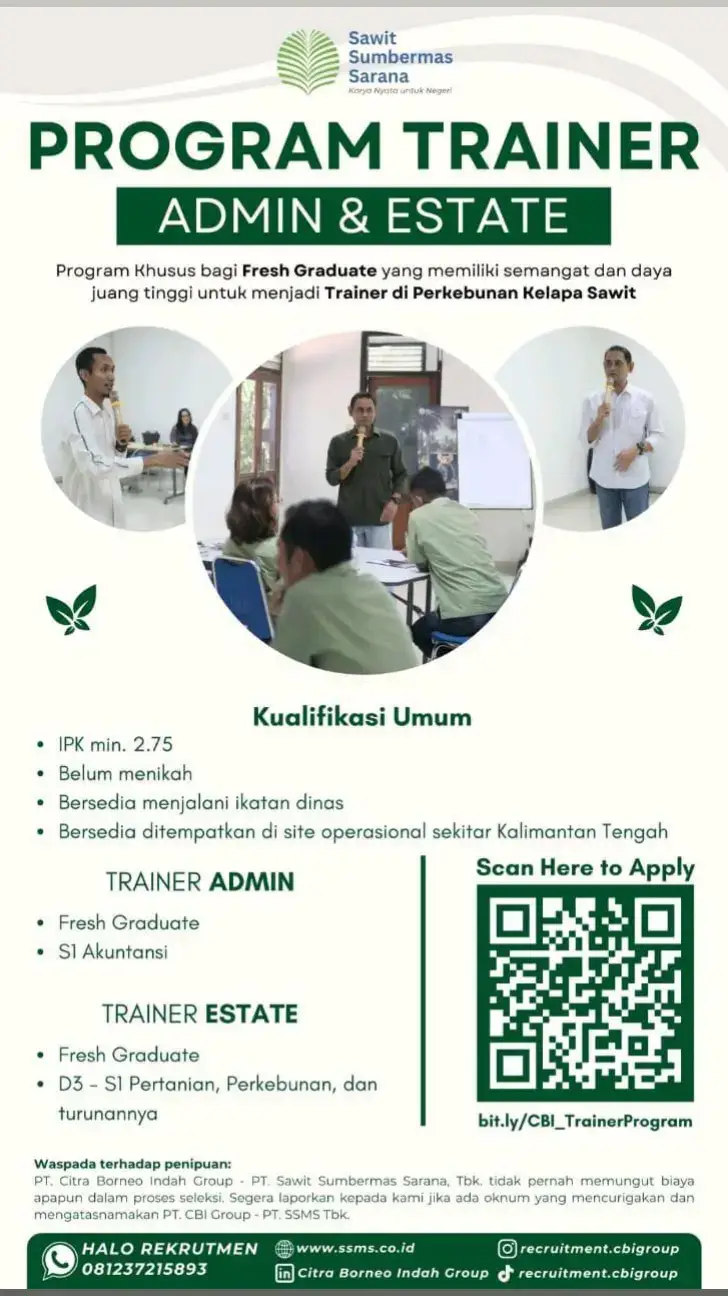 PROGRAM TRAINER ADMIN & ESTATE Program Khusus bagi Fresh Graduate yang memiliki semangat dan daya juang tinggi untuk menjadi Trainer di Perkebunan Kelapa Sawit #TikTokAwardsID #kalimantan #fyp #planter #firaltiktok 