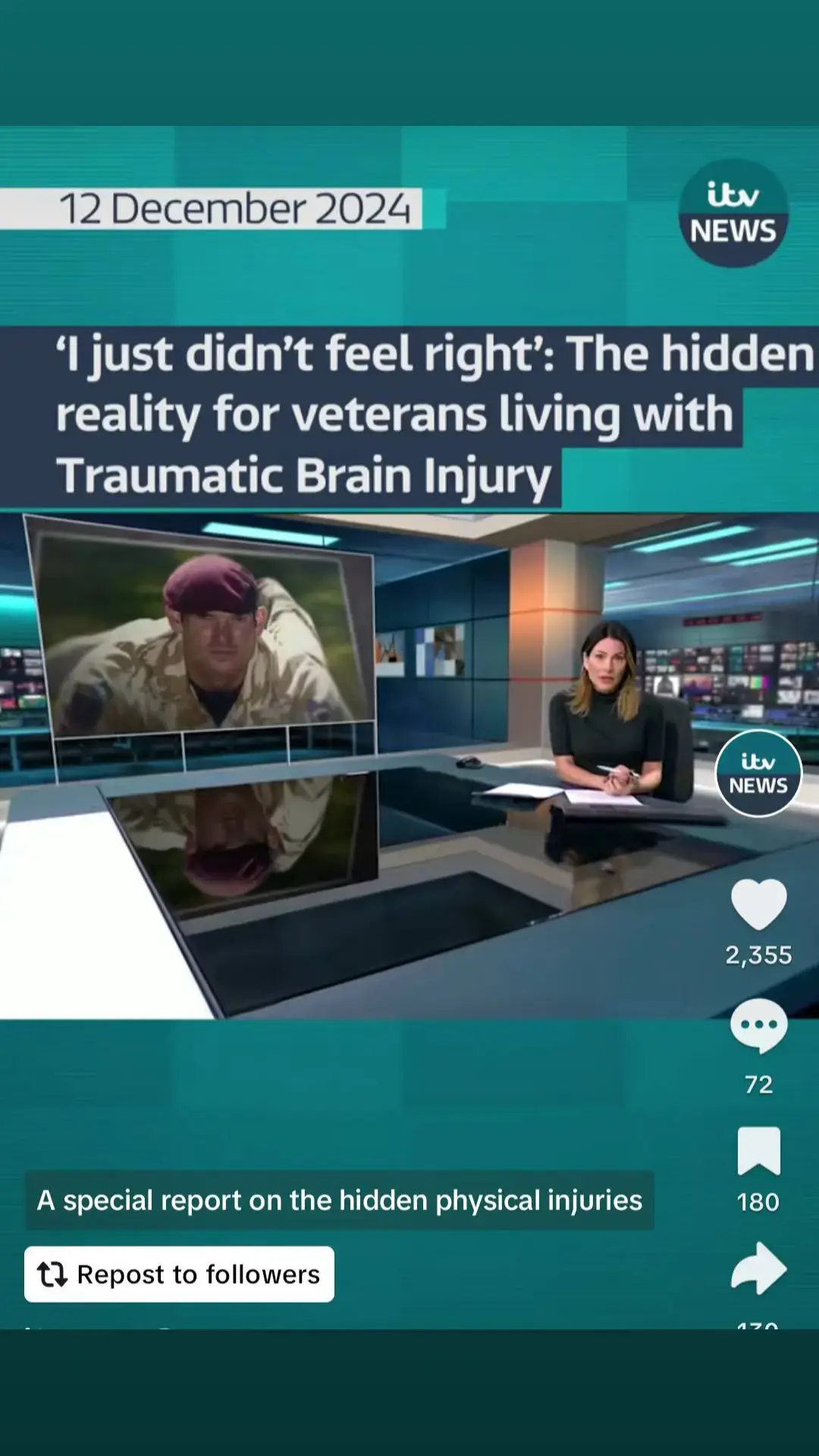 ITV News has heard from veterans living with Traumatic Brain Injury and how the often-misunderstood condition can go years without being diagnosed. 72 180 130 #itvnews 