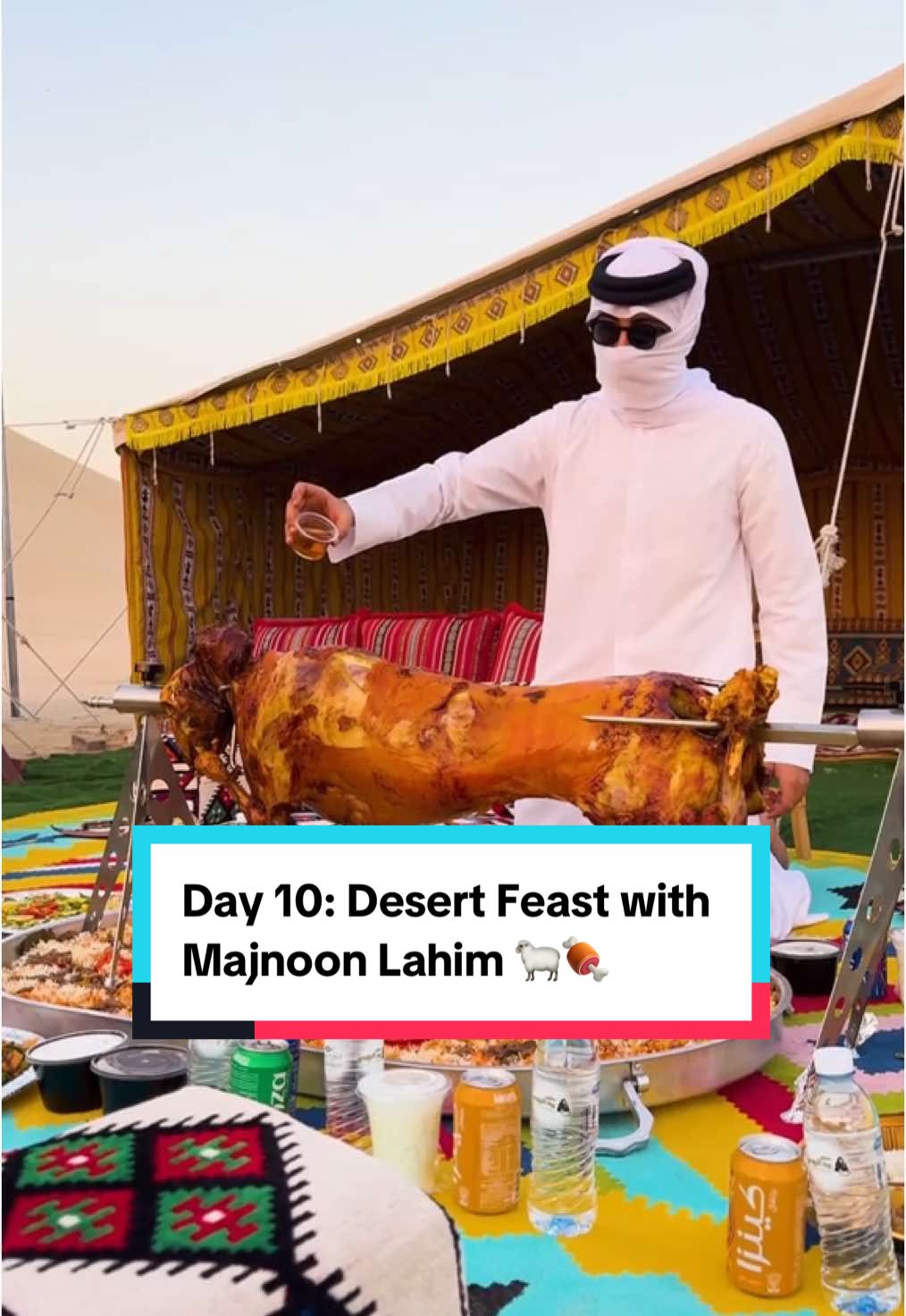 Day 10: Desert Feast with Majnoon Lahim 🐑🍖 #fyp #qatar #sealine #review #bu3ouf #thingstodo #desert #eating #bbq #lamb #majboos 