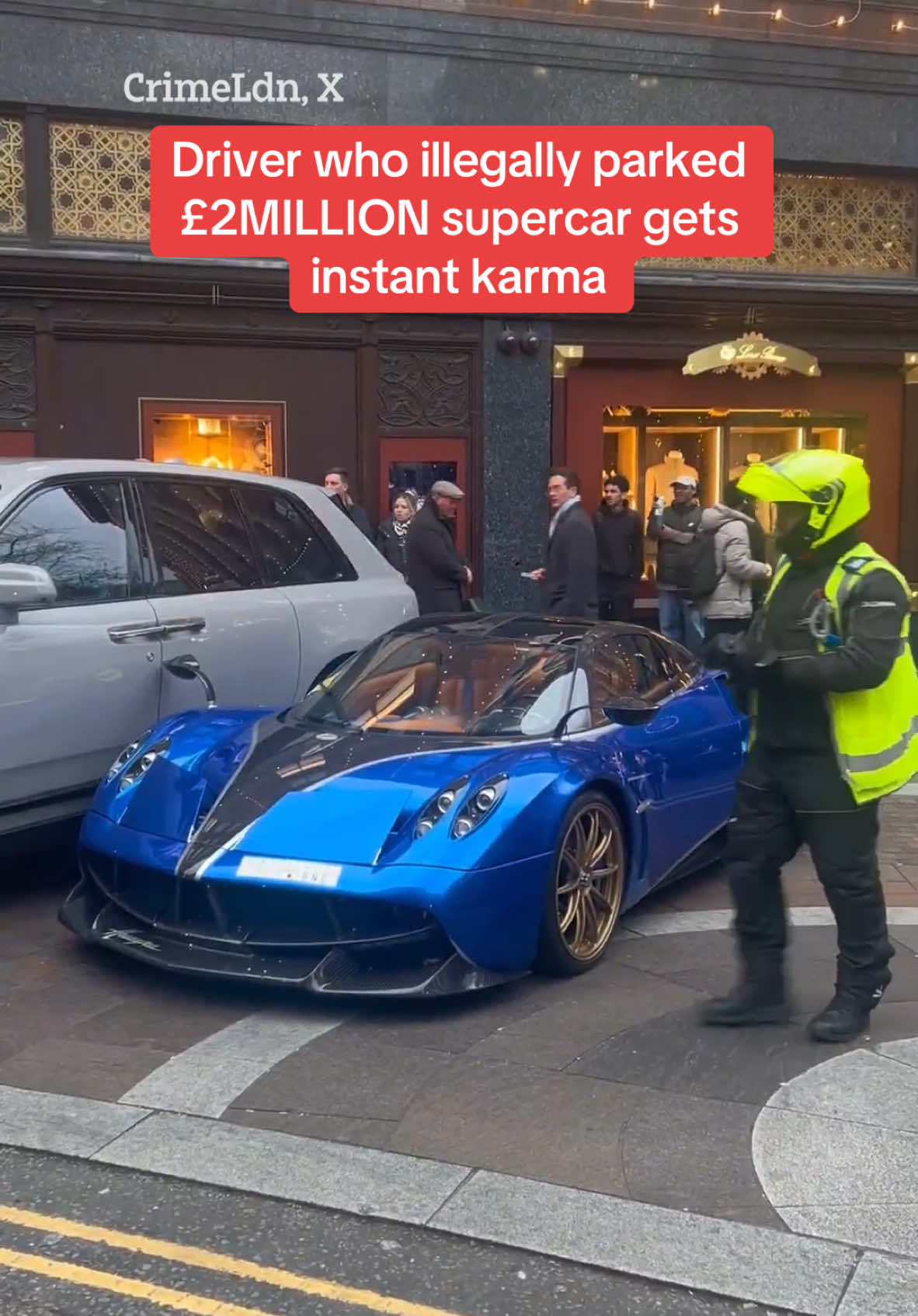 Moment driver who thoughtlessly parked £2million Pagani supercar illegally on busy pavement gets instant karma. #supercar #2million #pagani #karma #illegal #illegalparking #viral #thesun 