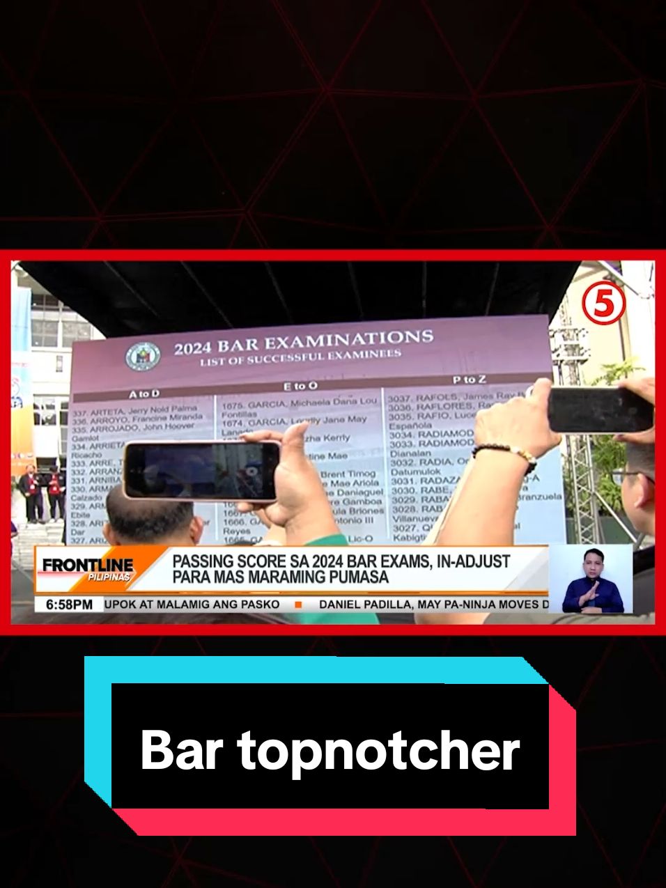 Nanguna sa 2024 Bar Examinations ang pambato ng University of the Philippines #UP . Halos 4,000 ang nakapasa dahil in-adjust ang passing score. #Bar2024 #News5 #FrontlinePilipinas #NewsPH #BreakingNewsPH 