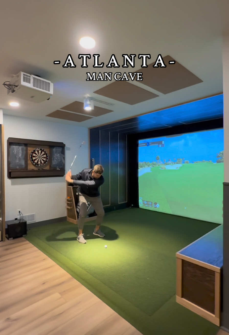 This basement is next level! Golf simulator, bar, wine cellar, and entertainment area! Props to @New Edge Renovation and Forefront Golf Sims for making this the ultimate hangout spot 🔥👏 #mancave #basement #luxuryliving #golfsimulator 