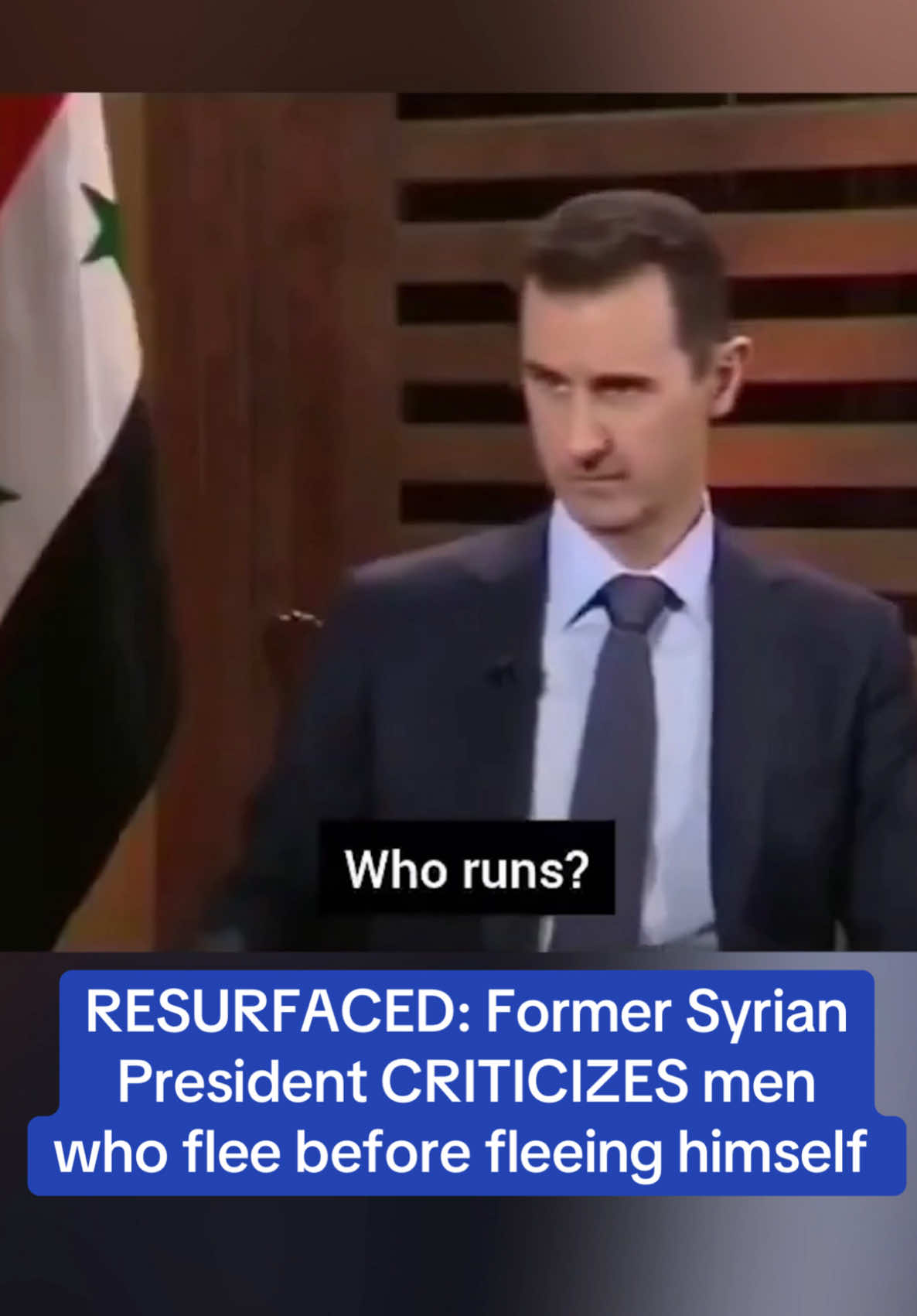 Former Syrian President Bashar al-Assad in 2012 claimed people who flee the country are 'cowardly', saying 'a good and patriotic person does not run away.’ Last week, Assad resigned following the collapse of his regime and left Syria on a Russian plane, settling in Moscow. 🎥 X/nexta_tv #syria #assad #patriot #president #basharassad 