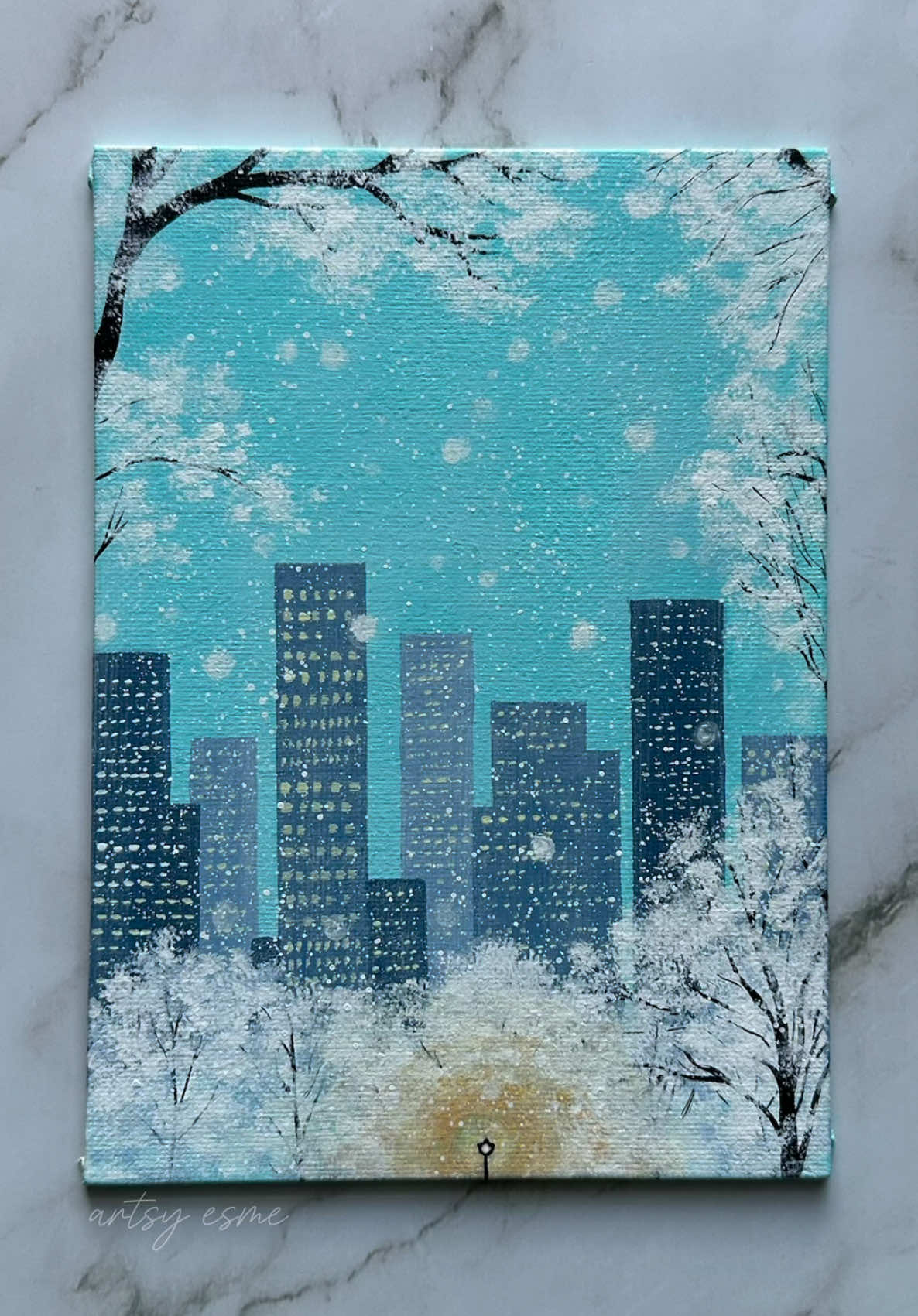 winter in the city 🏙️❄️🩵  • ✨ now available on my shop <3 i’m currently having a sale on ALL of my paintings so don’t miss out! thank you so much for your supprt 🤍 • 🎨: ocean view, white, navy blue, dark grey, black, golden brown, light yellow, yellow • #art #painting #arttok #winter #fyp 