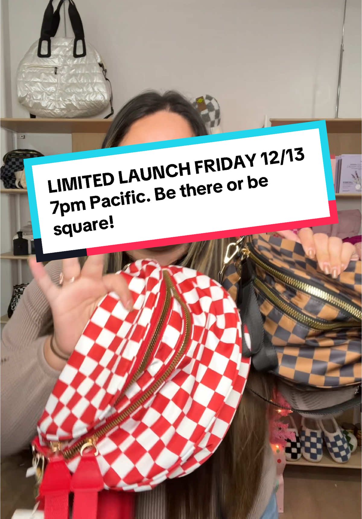 Make sure you register for our live we will be launching espresso as well as another very limited drop on the red checkered bag. You guys asked and we delivered!! ##goldblush##viralbumbag##limitededition##checkeredprint##crossbodybags