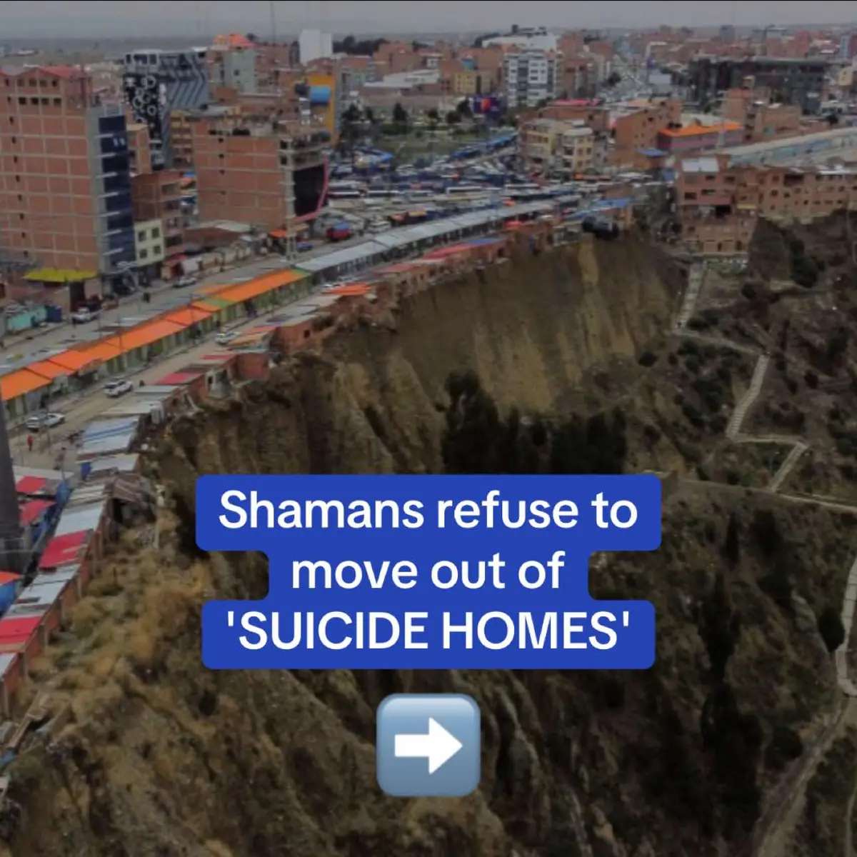 In Bolivia's highland city of El Alto, the row of colorful corrugated metal roofs for a moment distracts from the terrifying sight below: a precipitous drop inches from the houses, known locally as 'suicide homes' for the high risk the inhabitants take. The thin row of flimsy structures hangs on the edge of a cliff formed of earth with a steep drop hundreds of feet to the rocky escarpment below. The precarious homes often serve as workplaces for Aymara shamans, known as yatiris, where they make offerings to the Pachamama, or Earth Mother. But heavy rains and global warming are increasingly undermining the buildings' foundations. 'The precipice in this valley is 90 degrees,' said a representative of the mayoral office. 'That is precisely why we want them to leave this place, if they do not want to leave we are going to have to use force.' Read the full story at DailyMail.com. #bolivia #news #nature #globalwarming