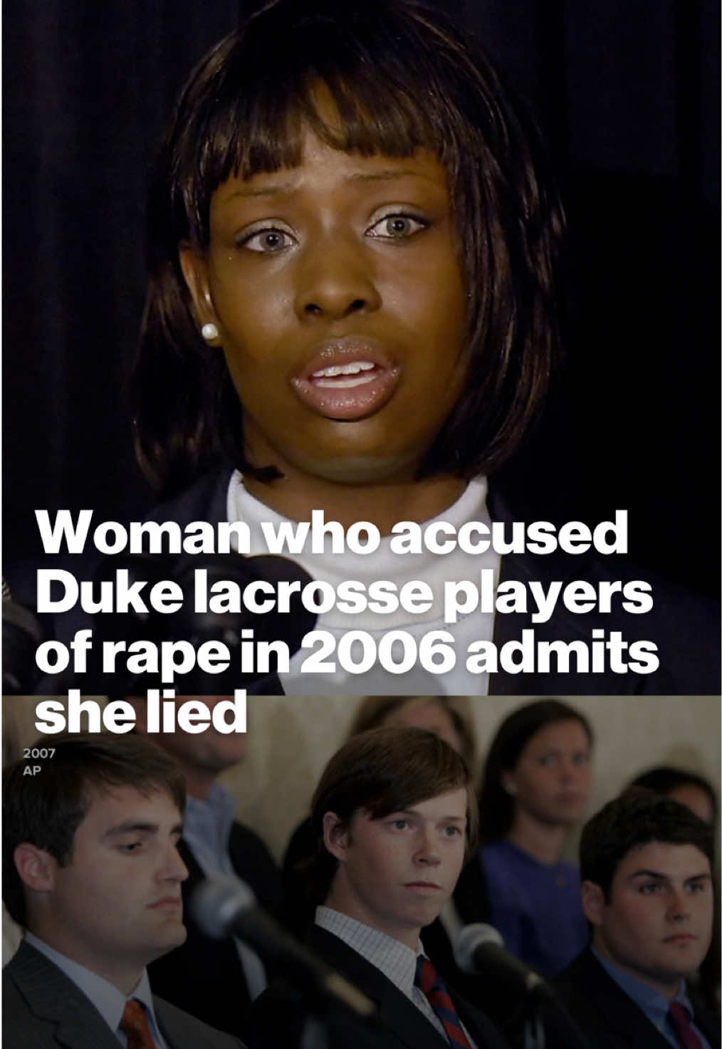 Crystal Mangum, the woman who falsely accused three Duke University lacrosse players of raping her in 2006, has admitted publicly for the first time that she lied. “I testified falsely against them by saying that they raped me when they didn’t and that was wrong,” Mangum, said in an interview with the “Let’s Talk with Kat” podcast. Mangum’s story made national headlines at the time, stirring tensions about race, class and the privilege of college athletes. The former Duke players were declared innocent in 2007 after Mangum's story fell apart under legal scrutiny. Mangum is now incarcerated in North Carolina for stabbing her boyfriend to death in 2011.