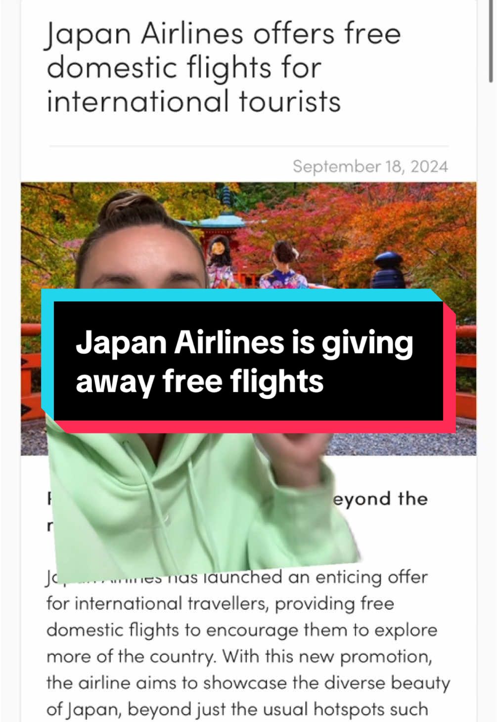 #greenscreen Japan Airlines is helping you fly for free within Japan. #freeflights #japanairlines #japanairlinesreview #budgetfriendly #travelforfree #howtotravel #travelbudget #japantravel #thingstodoinjapan #isjapanbudgetfriendly #budgetfriendlydestinations #bucketlisttravel #tokyo #kioto #offthebeatenpath #uniqueplaces #go #DidYouKnow #hack