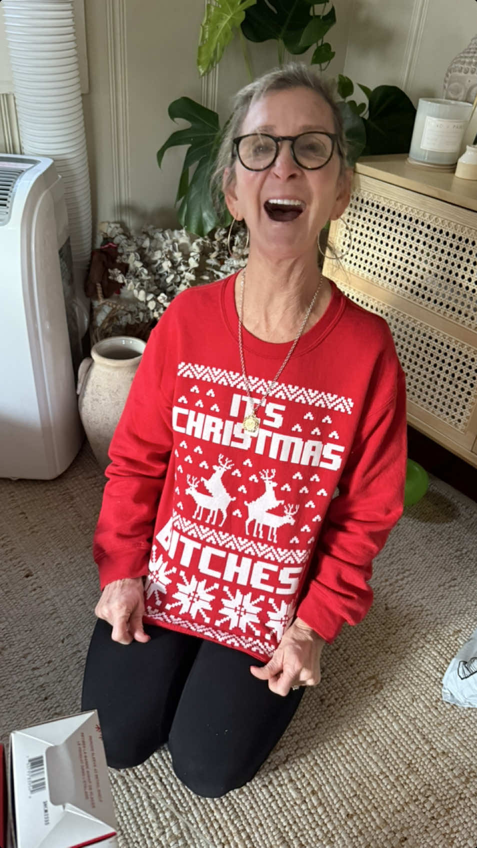 She even wore it to my dads company holiday party last year 😂 so innocently aloof 🫶🏻#christmassweater #christmassweatshirt #funny #holiday #christmas #fyp #momhumor 