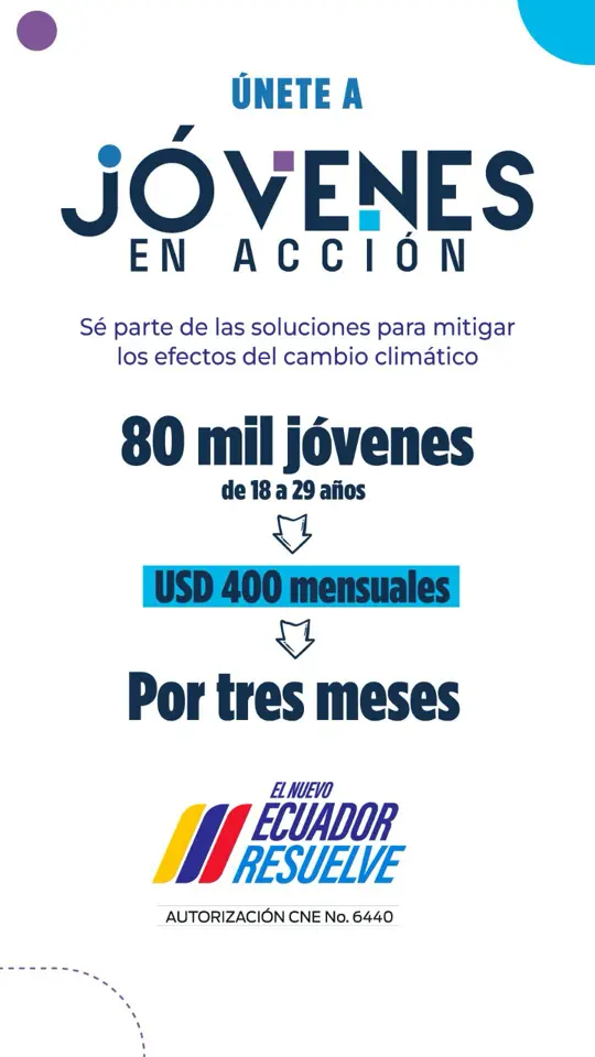 Si tienes entre 18 y 29 años, Únete al programa #JóvenesEnAcción y sé parte del cambio. ✅ Puedes inscribirte ingresando al link: https://bit.ly/3Bd2gQ2 #ElNuevoEcuadorResuelve #JóvenesEnAcción