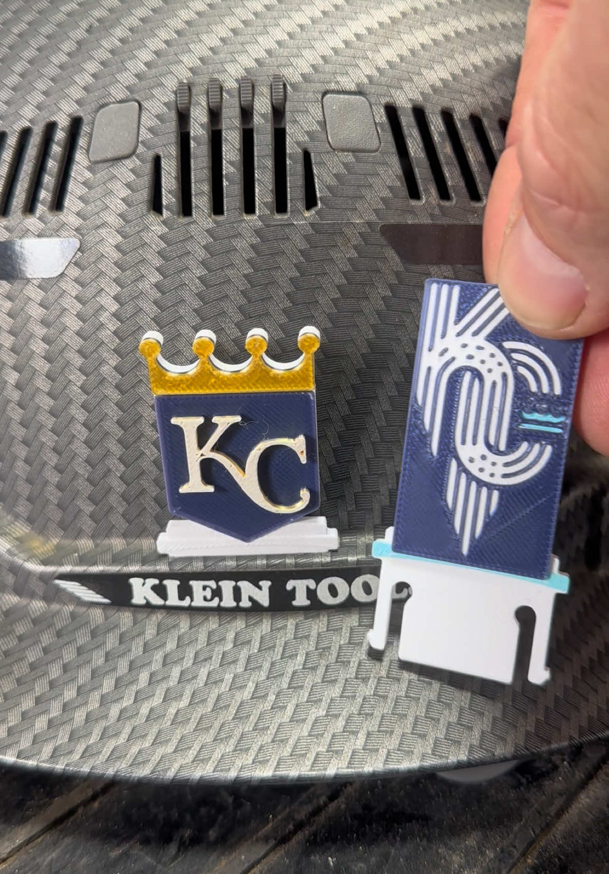 Kansas City Royals logo old v.s. new hard hat clip. Which one looks better? #Royals #KansasCity #Kansas #City #Baseball #MLB #Hard #Hat #Hardhat #Construction #bluecollar #Trades ##electricity##Electrician##Electrical##Welding##Welder##WeldingLife##HardhatSticker##Klein##KleinTools