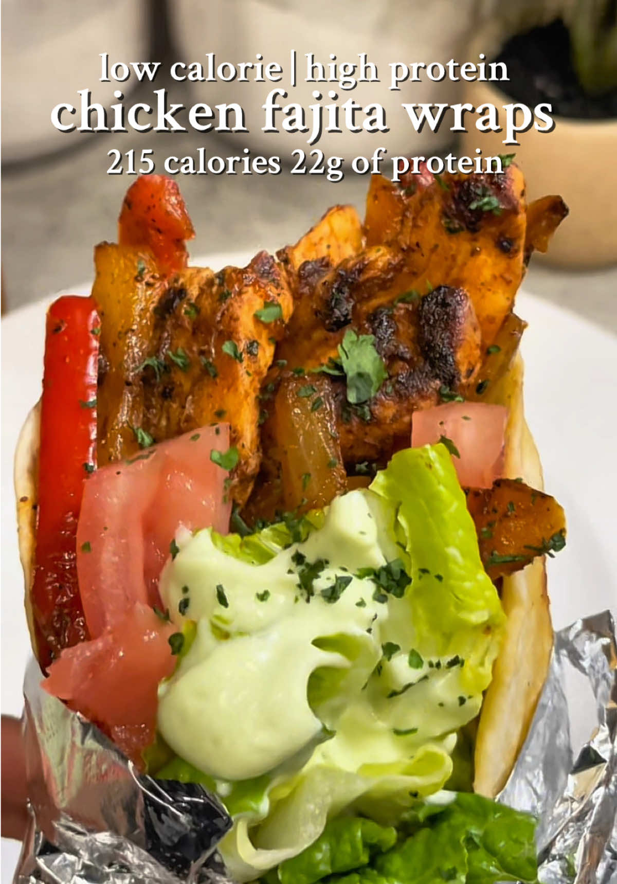 a low calorie & high protein fajita chicken wrap recipe 🌯 an easy lunch or dinner idea  What you’ll need to cook this:  Thin sliced chicken breast Bell Pepper & Onion  Cilantro  Avocado Greek Yogurt  Lemon Juice Low Calorie Tortilla  Lettuce  Tomato   #creatorsearchinsights #EasyRecipe #lowcalorierecipes #chickenwrap #healthyfoodideas #healthyrecipes #chickenrecipe #highproteinmeals #chickenfajitas #weightlossfood 