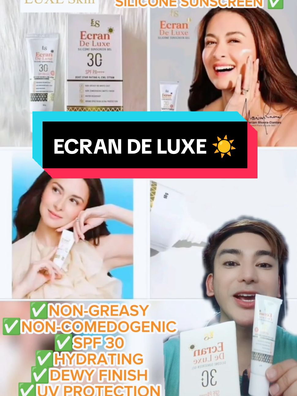 Protect your skin with confidence just like Marian Rivera Try the Ecran De Luxe silicone gel-based sunscreen with SPF 30 and PA++++. Non-comedogenic, lightweight, and a matte finish that feels as good as it protects! Ganda nito mam @Anna Magkawas ( Miss A ) ♥️ kudos to your r&d team for bringing this kind of sunscreen ♥️ @luxebwg  #LuxeSkin #EcranDeLuxeSunscreen  #Sunscreen  #Sunprotection #skincare 