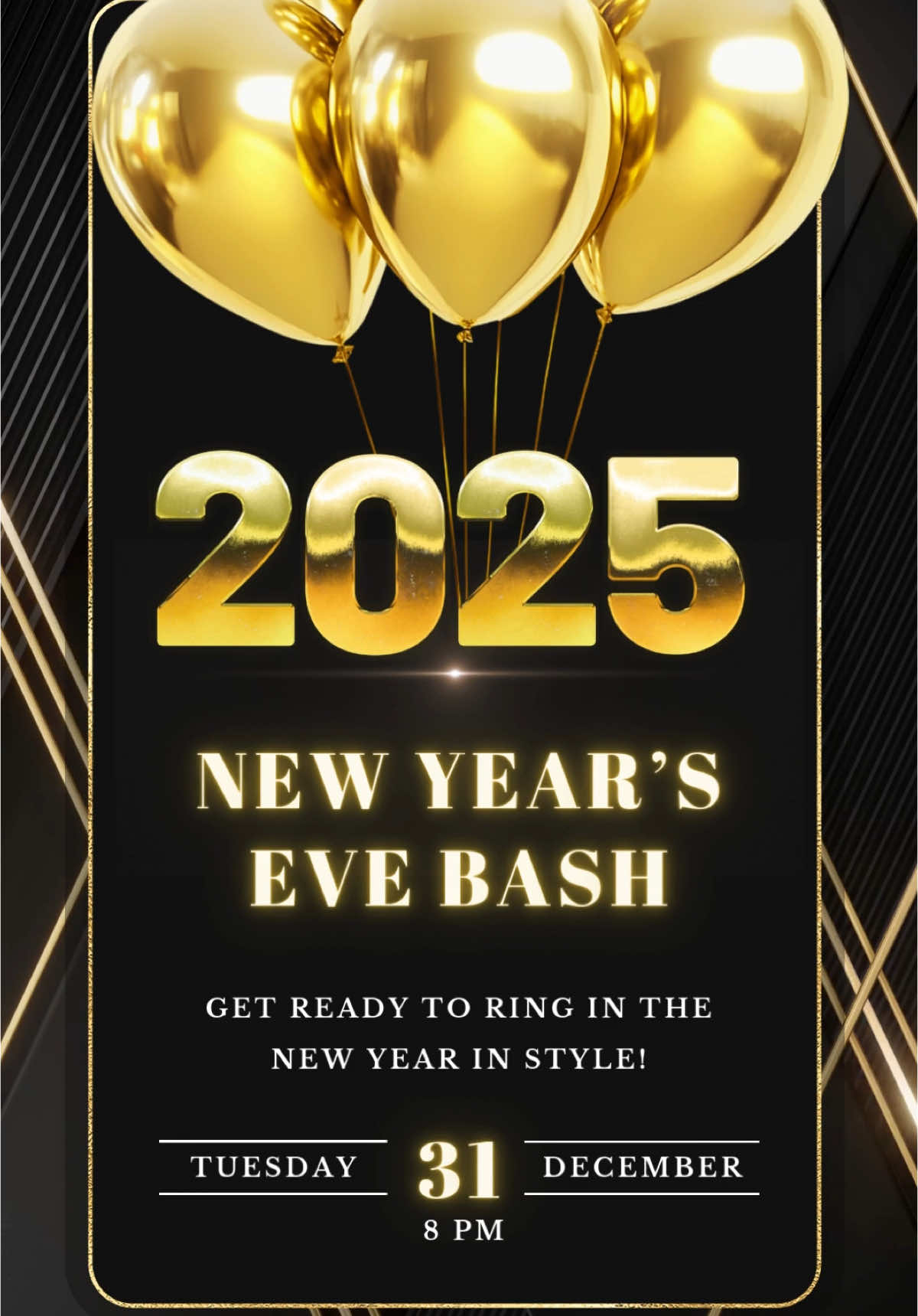 🎆 Welcome 2025 in Style and Elegance! 🎉 Celebrate the New Year with our stunning animated New Year’s Party Invitation Video Template! Featuring a sophisticated black and gold design, festive animated balloons, and a bold 