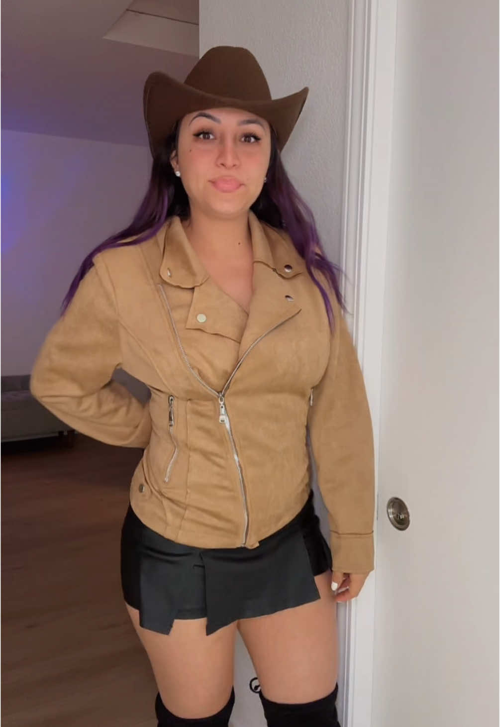 Its a nice looking jacket and the material is soft.  I would say if you grab one order true to size or maybe eveb down if you want a tight fit.  Also keep in mind its more of a fashion jacket, its not going to keep you vary warm. . . . . #cowgirls#fashion#suedejacket#tanjacket#womensclothes 