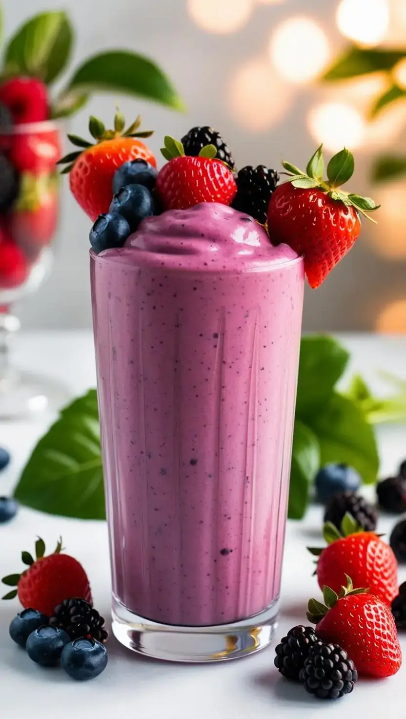 This image features a vibrant berry smoothie served in a tall, clear glass. The smoothie has a creamy pinkish-purple hue, decorated with fresh blueberries, raspberries, strawberries, and blackberries on top. The background showcases an assortment of berries and leaves, adding a natural and fresh ambiance. The warm bokeh lighting in the backdrop creates a cozy and inviting mood, making it an ideal choice for a breakfast or snack recipe presentation. #berries #smoothie #purple #diet #nutritious  #smoothies #breakfast #goodmorning #foryou #fyp #fy 