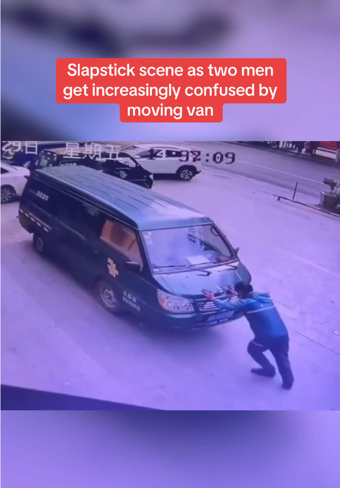 Slapstick scene as two men get increasingly confused by moving van. #slapstick #viral #cctv #funnyvid #van #thesun 