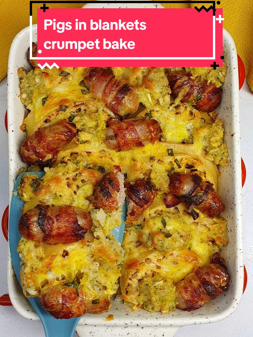 Crumpets are baked with pigs in blankets, stuffing, grated cheese and whisked eggs until golden & bubbling 😍. It's so easy and completely delicious! Save the recipe for some Christmas breakfast inspiration. Recipe (serves 4): 🥓 Cut 5 or 6 crumpets in half, then arrange in a greased, medium-sized baking dish. 🥚 Top the crumpets with 10 cooked pigs in blankets, 50g stuffing and 60g grated cheese of your choice. 🥓 Whisk 2 large eggs with 50ml double cream, a pinch each of salt & pepper & any herbs/seasonings of your choice, then pour over the crumpets. 🥚 Oven bake at 180C fan/200C or air fry at 180C for 18-20 mins or until golden & bubbling. 🥓 Serve & enjoy! #crumpetbake #crumpets #crumpet #pigsinblankets #breakfastbake #breakfast #christmasbreakfast #christmasrecipe #christmasrecipes #breakfastideas #stuffing #christmas 