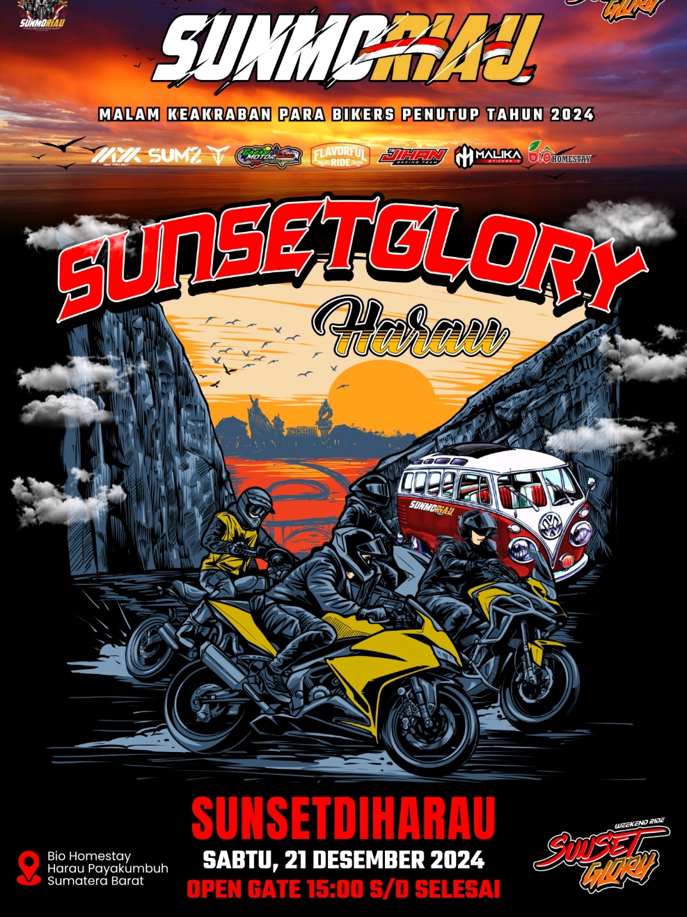 INVITATION TO ALL BIKERS  Prepare Yourself for the Ultimate Gathering   Kami mengundang seluruh komunitas dan pecinta roda dua untuk hadir dan meramaikan event spesial:   SUNSET GLORY IN HARAU  Hari/Tanggal:Sabtu, 21 Desember 2024   Lokasi:Bio Homestay, Lembah Harau, Sumatera Barat   Open Gate:15:00 WIB hingga selesai Event By @sunmoririauid  sunmoripekanbaruid gaspoll @𝕯𝖔𝖋𝖋𝖇𝖑𝖚𝖊⚡ @𝘼𝙍𝙄𝙀𝙁 𝙍𝘼𝙈𝘼𝘿𝙃𝘼𝙉 @Shoot Xavi Project @Rian Genesis @Talla DNC #004 @zahara_zq @tengku febri ramadhan putra @𝘽𝙖𝙙𝙗𝙤𝙮☠︎ @FINI_N.A🧚🏻‍♀️ @Kang Uduy @Malikasticker. id @MAS ARYA @S H A D I Q @TengkuRama  #apt #sunsetdiharau #sunsetglory #sunsetgloryindharau #sunmoriauroadtoharau #rose 