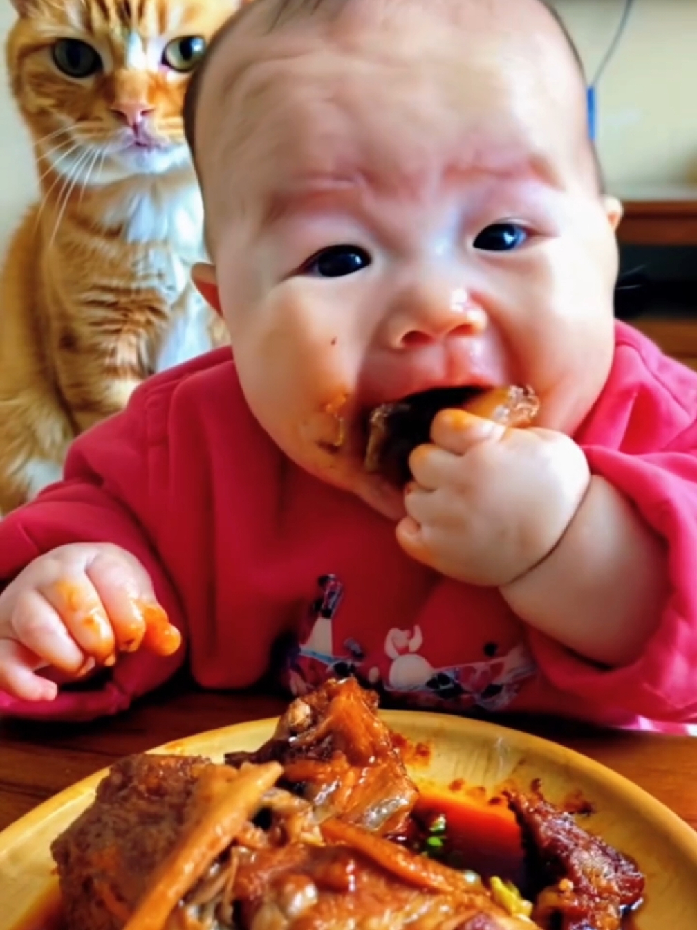 Small Hungry Baby With Cat Eating Spice Chicken🔥ASMR #reelsvideoシ #reelsvideo #foryoupage #comedy #shortvideo #mukbang #reels #viral #trending #funny #tiktok #foryoupage #foryou 