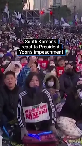 South Koreans burst into cheers after the announcement that parliament voted successfully to impeach President Yoon Suk Yeol following his short-lived attempt to impose martial law last week. The large crowd of anti-Yoon protesters gathered outside the National Assembly in Seoul and were eagerly awaiting the results of the second attempt to impeach Yoon, after the first vote was boycotted by his conservative People Power Party (PPP). Some could be seen crying tears of happiness when the result was announced.  #southkorea #cheers #tears #martiallaw