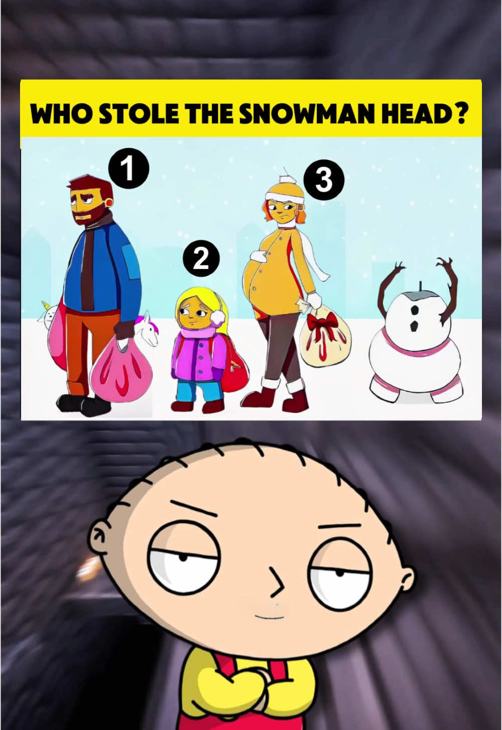 Who stole the snowman’s head? #quiz #stewiegriffin #riddle #snowman 