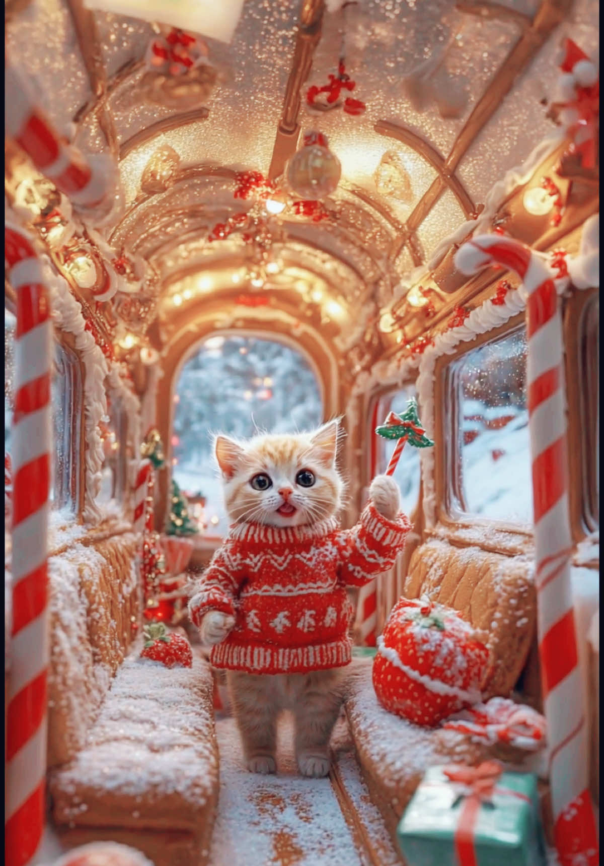 🎶 “All aboard the Candy Express!” 🍭🚂🐾 Your cat, living its best life: “Choo choo! Sweet treats and first-class service—life is purrfect!” 😻🍬 #TooCuteToHandle #catlovers #ilovecats #catsoftheday #cattiktok #TinyCat #cutepet #christmascat #cozyvibes #catai 