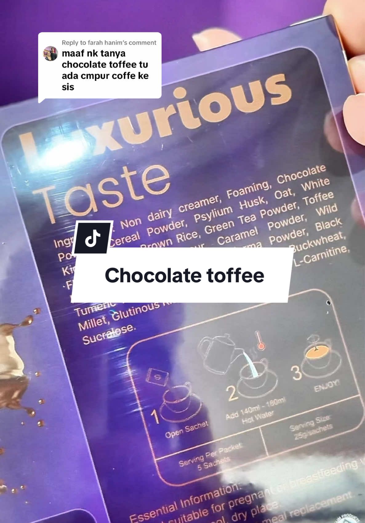 Replying to @farah hanim kita gunakan pure choc dan toffe flav sahaja. Untuk beginners boleh try choc toffee tauu 💜 #ufora #airufora #almondlattee #chocolatetoffee 