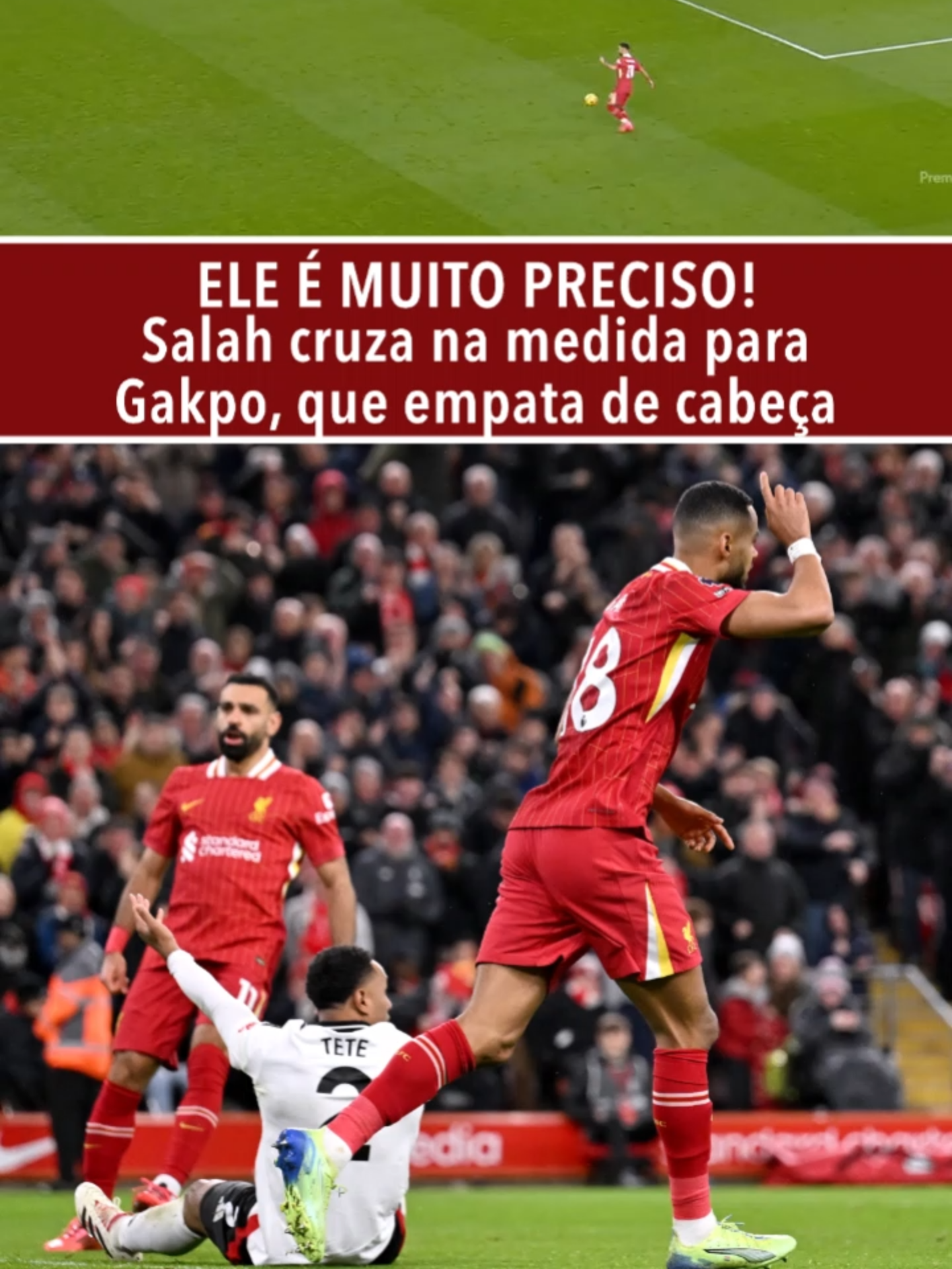 GOOOOOOOOOL DO LIVERPOOL! Salah dá levantamento preciso, Gakpo mergulha e empata a partida contra o Fulham! O egípcio participou de 22 dos 30 gols do Liverpool na Premier League. Assista Liverpool x Fulham AO VIVO no #DisneyPlus #PremierLeagueNaESPN #live #PremierLeague #Liverpool #Fulham #tiktokesportes