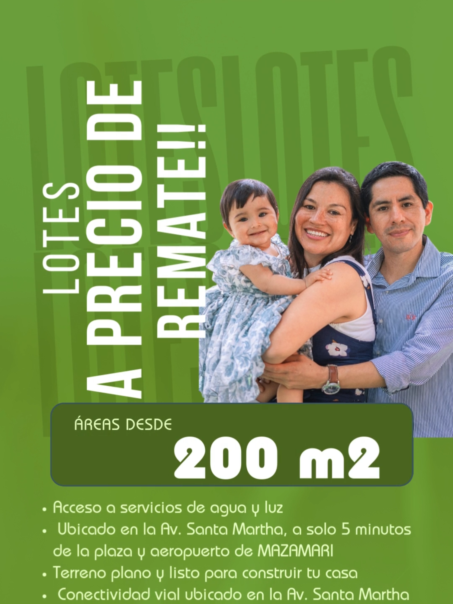 LOTES A PRECIO DE REMATE Acceso a servicios de agua y luz  Ubicado en la Av. Santa Martha, a solo 5 minutos de la plaza y aeropuerto de MAZAMARI  Terreno plano y listo para construir tu casa  CONTACTANOS AL 981 793 164 - 901 866 986 #inmobiliaria#mazamariperu#lotesenventa#terrenos#civissac#inmobiliarias#remate#parati#lotes