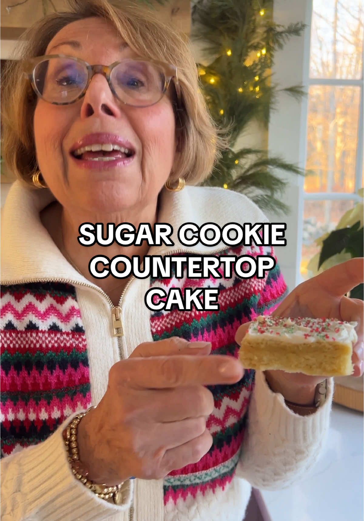 ✨Sugar Cookie Countertop Cake ✨   This Sugar Cookie Countertop Cake is the perfect cross between a sugar cookie and a cake. Why choose between two favorites when you can have both? This Sugar Cookie Countertop Cake is soft, buttery, and the perfect sweet treat for the holidays. It’s an all-in-one countertop sheet cake. The buttercream frosting has the perfect amount of sweetness, too! I do love a sugar cookie, but this cake is so much easier! Just leave it on the counter and watch it disappear.    This countertop cake is famous in my family every holiday season, and I think it will likely be famous in your family this year. Don’t forget the sprinkles!   INGREDIENTS: 1 cup unsalted butter, room temperature   1 ¼ cups sugar  4 large eggs (one egg separated)  1 tablespoon vanilla extract  3 cups all-purpose flour  1 tsp baking powder  ½ tsp baking soda 1 tsp kosher salt  1 tsp fresh lemon juice   FROSTING: 1 cup unsalted butter, room temperature   1/4 tsp salt  4 cups powdered sugar, sifted  3-4 tsp heavy cream   2 tsp vanilla extract     INSTRUCTIONS Preheat the oven to 350°F. Grease a 15x10” pan with baking spray.     To the bowl of a stand mixer fitted with the whisk attachment, beat one room-temperature egg white until stiff peaks form. Set aside.   Switch to the paddle attachment on the stand mixer and cream together the butter, sugar, eggs, and vanilla (there is no need to clean the bowl).     Turn the mixer off, add the flour, baking soda, baking powder and salt, turn the mixer on, and mix until the dough forms.       Next add in your egg white (that you set aside) to the batter and fold in.  Spread the batter evenly into the prepared pan. Bake at 350° F for 11-13 minutes, until very lightly golden and almost set in the middle. Lean towards undercooking, as it will continue to cook when cooling. Remove from the oven and let cool for about 1 hour.   While the cake is cooling, add the frosting ingredients to the bowl of the stand mixer fitted with the paddle attachment and whip together for about 1 minute or more until light and fluffy. Check the consistency and add more cream if needed. Set aside until ready to use.    Once the cake is cool, frost with the Fluffy Vanilla Frosting. Decorate with Holiday sprinkles, cut into squares, and serve. #christmas #sugarcookie 