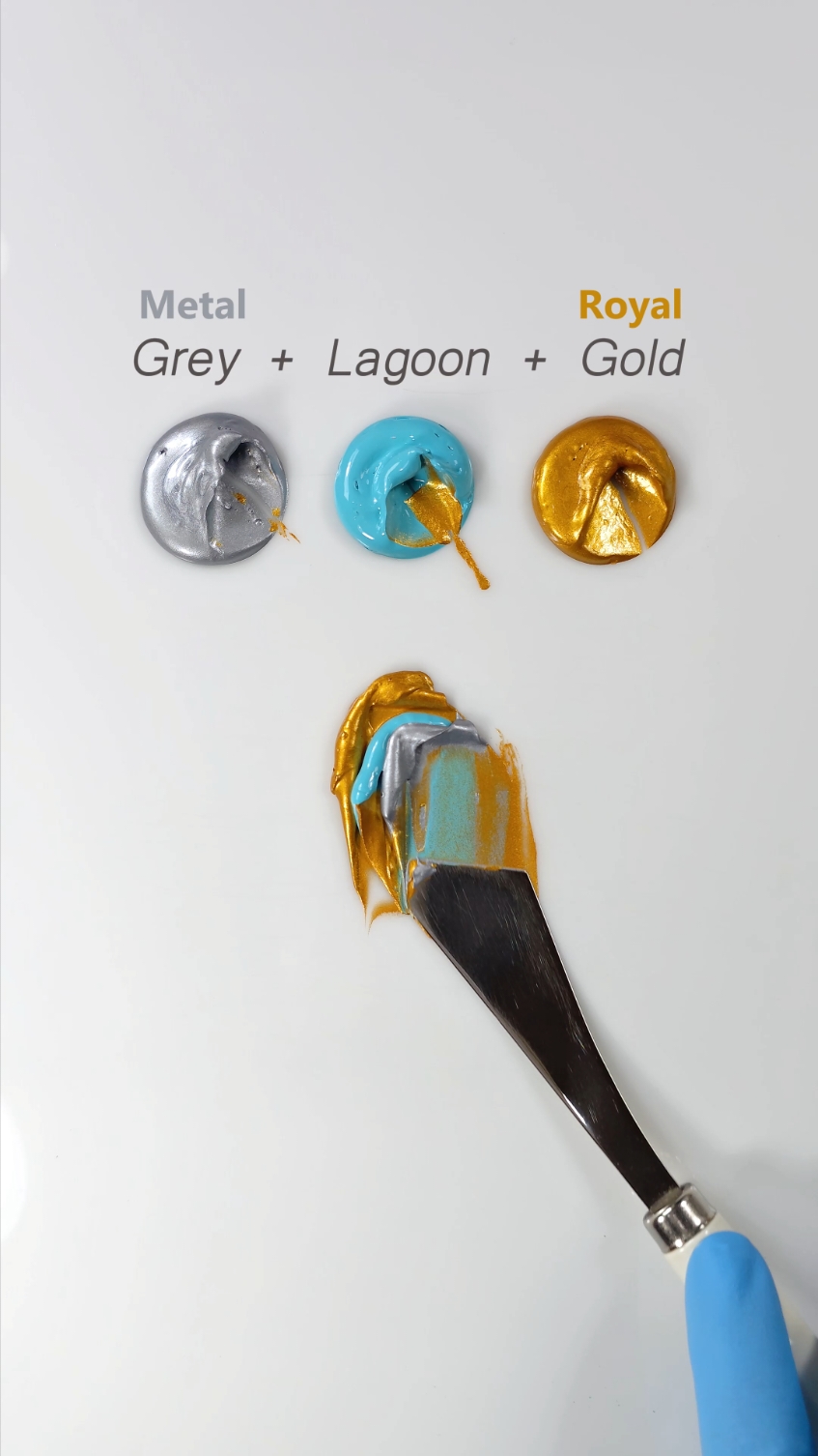 Let's Mixing Metal Grey + Lagoon & Royal Gold 💛😍 . Color Mixing . Creative colors  . Artful blend  . Color play  . Paintmixing . Color theory . How to make color  #colormixing #artvideo #paintmixing #asmr #colors #foryou #art #miniartzone #reels #mixing 