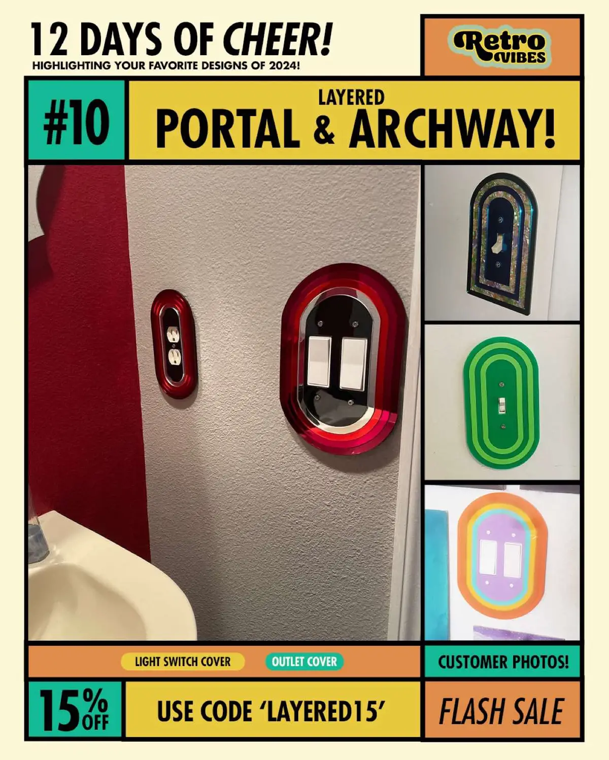 Our layered portal design was on of our very first light switch cover designs. It is such a versatile design, you can customize it to be super maximal choosing all different colors or  minimal by choosing one. It is really cool that this design is in our top sellers still even 4 years later ✨ #renterfriendly #wallartdecor #12daysofchristmas #customizable 