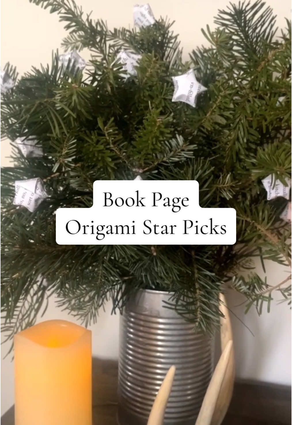 The book was lousy. I promise. The little paper stars on floral wire added a cute touch to a bunch of fresh greens though! #pacountrycrafts ###upcycleddecor #christmasdecor #diycrafts #christmascrafts #crafttok #bookpages #bookish #papercrafts #decorating #christmasdecorating #freshgreens #winterdecor