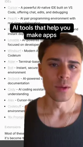That’s is how you can use AI to code any app. I assembled the list of resources for AI coding tools for application development. The majority of these are IDE’s but there are a few extensions that can be used within VS code or cursor or any fork of VS code.  You can use these tools to build applications in just minutes with AI.   I use replit, cursor ai editor, and cline.  #ai #startup #programming #techtok #tech #chatgpt #goodaiwebsites 
