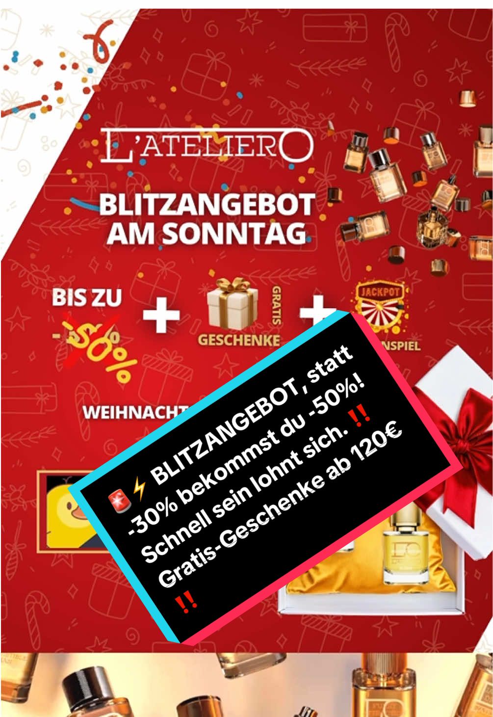 🚨⚡ BLITZANGEBOT, statt -30% bekommst du -50%! Schnell sein lohnt sich. ‼️ Gratis-Geschenke ab 120€ ‼️ Du nimmst auromatisch teil am Extra-Gewinnspiel! Hol dir alle parfums nur auf lateliero.de #parfum #parfumviral #deals #weihnachte #angebot #geschenke #blackfriday 