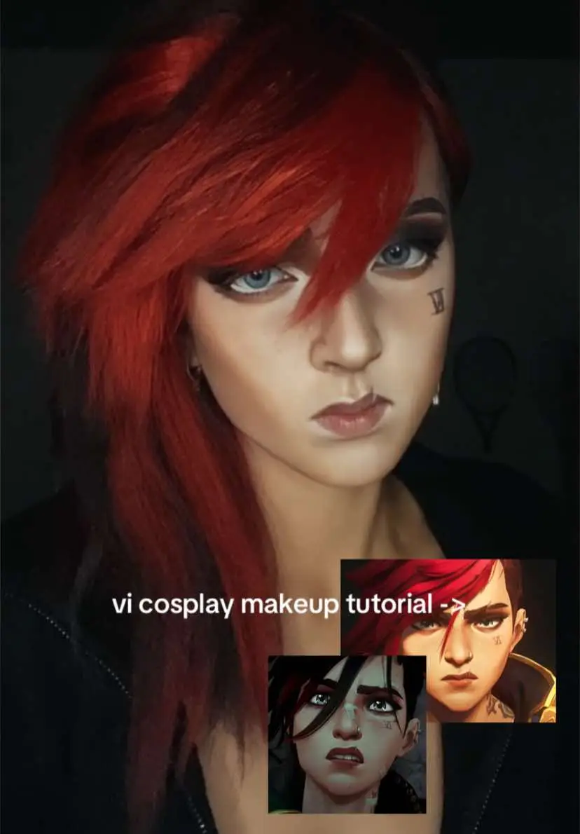 Trust the process on this one guys 🙏  Contour is key!! I use revolution and the chocolate eyeshadow pallette from flower knows.  #cosplay #cosplayer #arcane #vi #viarcane #arcaneleagueoflegends #arcanecosplay #arcaneedit #arcaneseason2 #arcanevi #arcanejinx #caitvi #makeuptutorial 