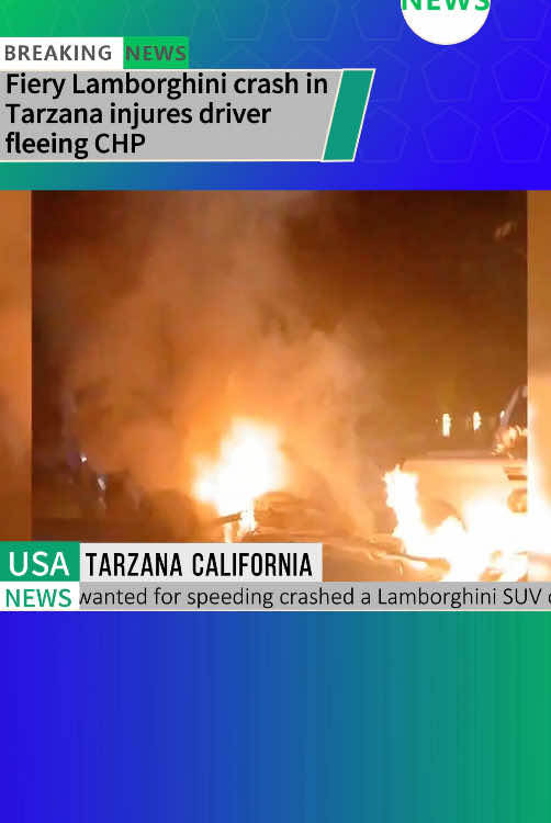 Fiery Lamborghini crash in Tarzana injures driver fleeing CHP#news #fyp #fouryou #lamborghini #speeding #california #caraccident #police 